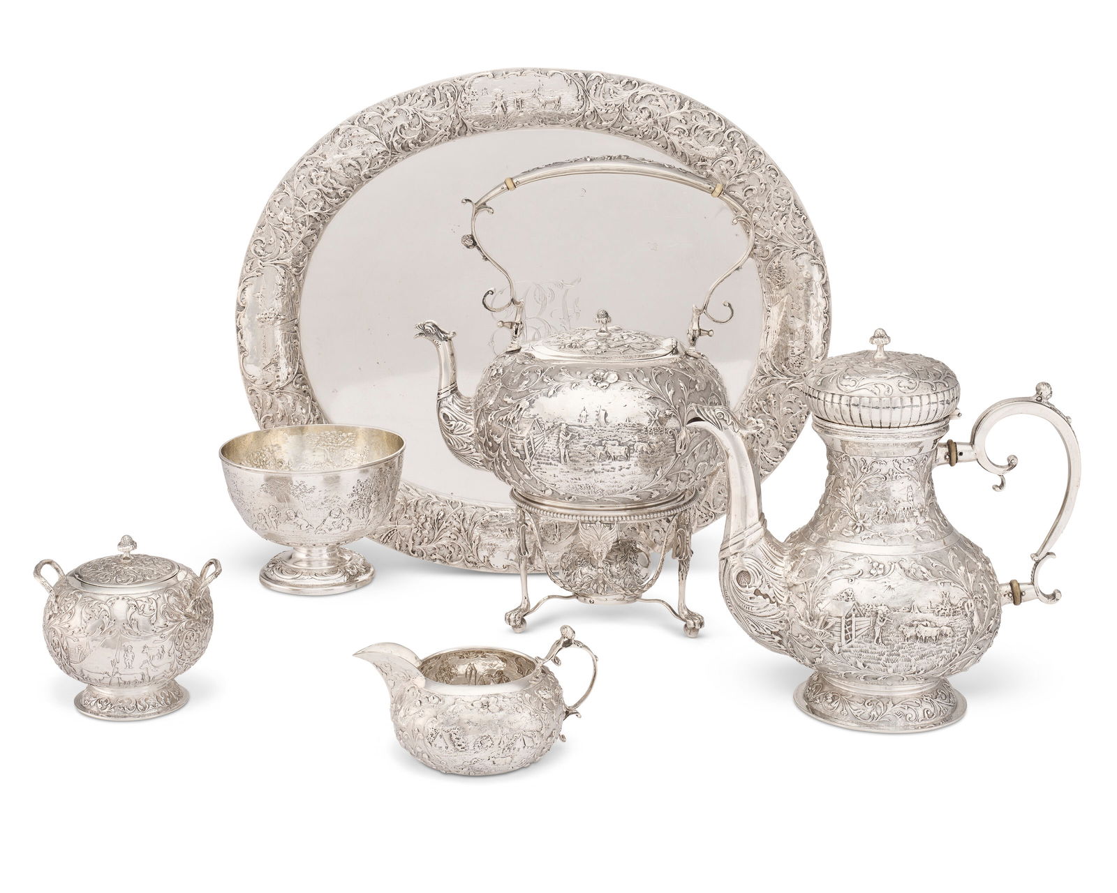 AN ASSEMBLED DUTCH SILVER FIVE-PIECE TEA AND COFFEE SERVICE AND TRAY MOST MARK OF B. DIJKSTRA,: AN ASSEMBLED DUTCH SILVER FIVE-PIECE TEA AND COFFEE SERVICE AND TRAY MOST MARK OF B. DIJKSTRA, GRONINGAN, CIRCA 1901 Details Comprising a coffee pot, kettle on lamp stand, creamer, two-handled sugar