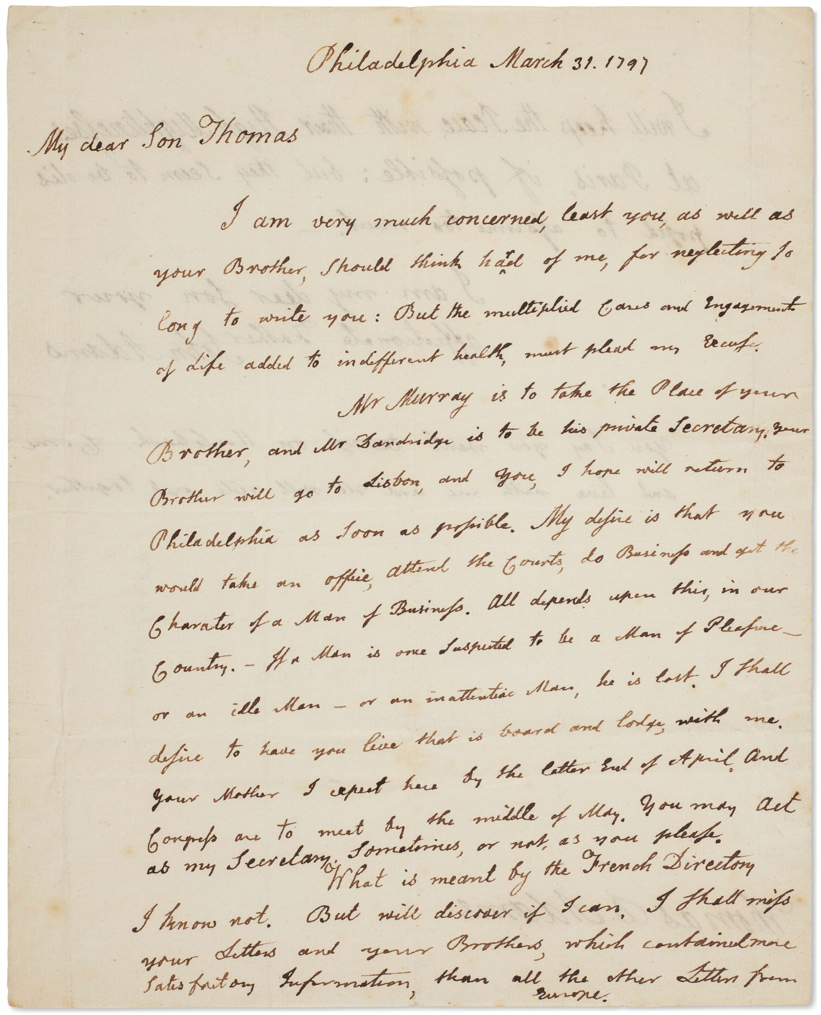 JOHN ADAMS (1735-1826) Autograph letter signed to his son, Thomas Boylston Adams, 31 March 1797: JOHN ADAMS (1735-1826) Autograph letter signed to his son, Thomas Boylston Adams, 31 March 1797 Details JOHN ADAMS (1735-1826) Autograph letter signed to his son, Thomas Boylston Adams, 31 March