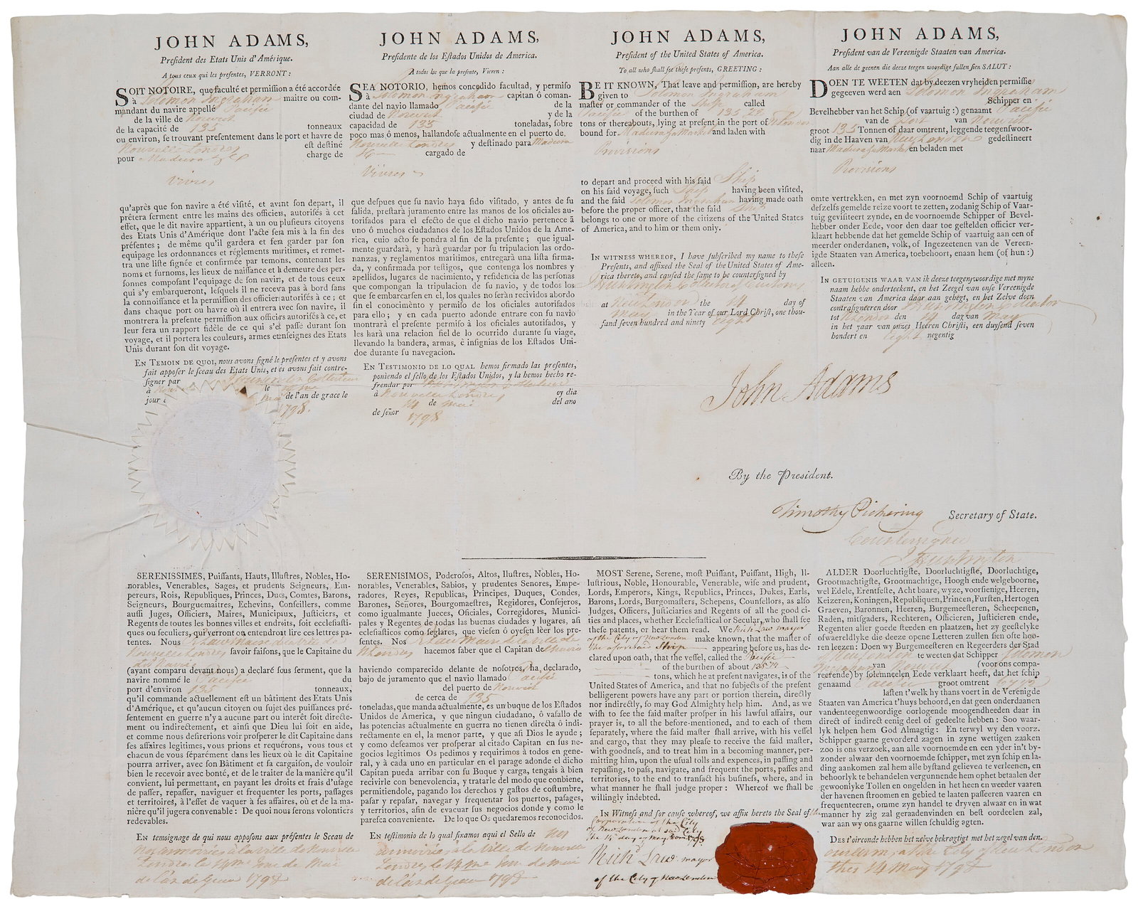 JOHN ADAMS (1735-1826) Document signed as President, 14 May 1796: JOHN ADAMS (1735-1826) Document signed as President, 14 May 1796 Details JOHN ADAMS (1735-1826) Document signed as President, 14 May 1796 Lot Essay ADAMS, John (1735-1826). Partly printed