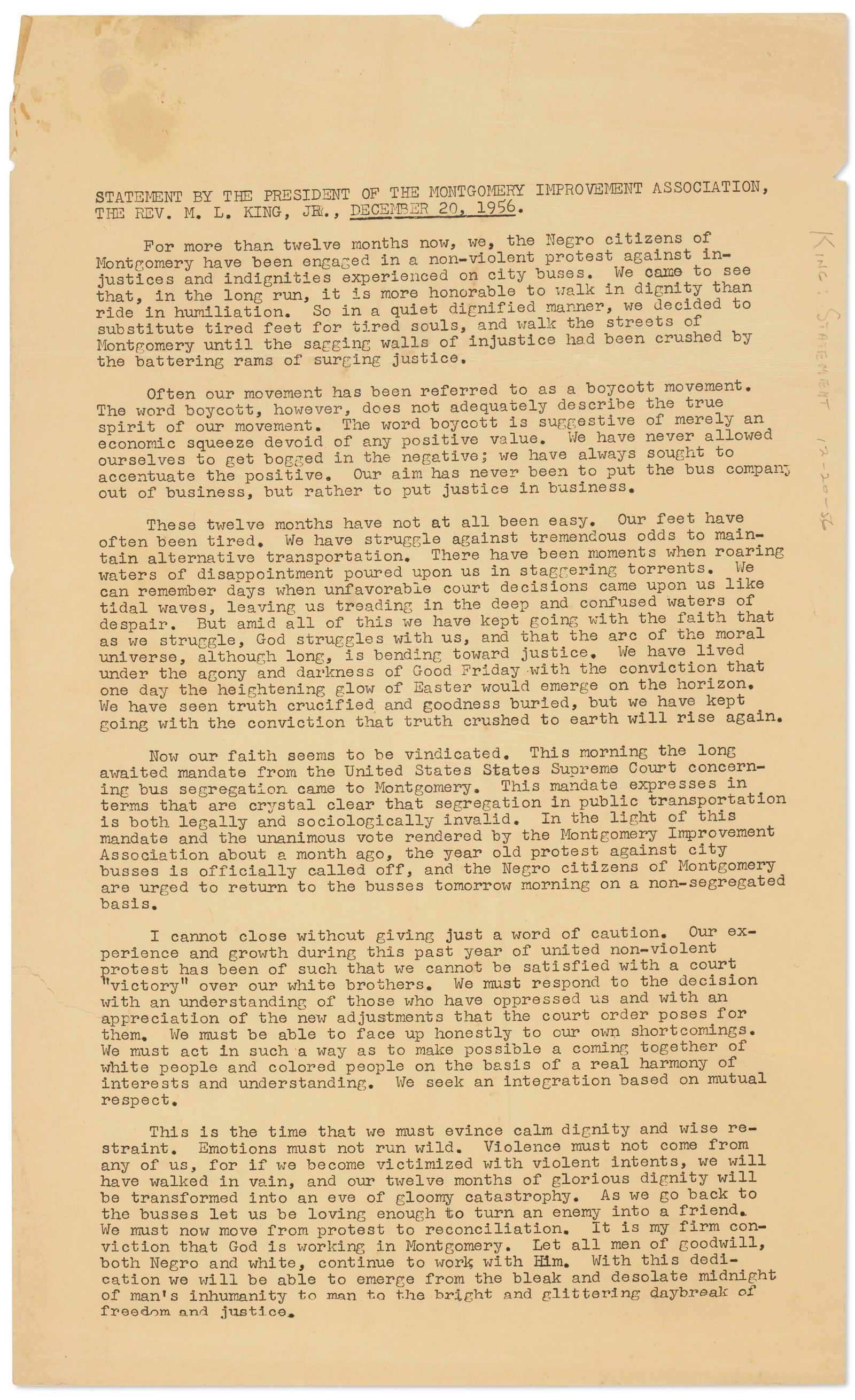 MARTIN LUTHER KING (1929-1968) Statement by the President of the Montgomery Improvement Association,: MARTIN LUTHER KING (1929-1968) Statement by the President of the Montgomery Improvement Association, The Rev. M. L. King., Jr., December 20, 1956. Details MARTIN LUTHER KING (1929-1968) Statement by