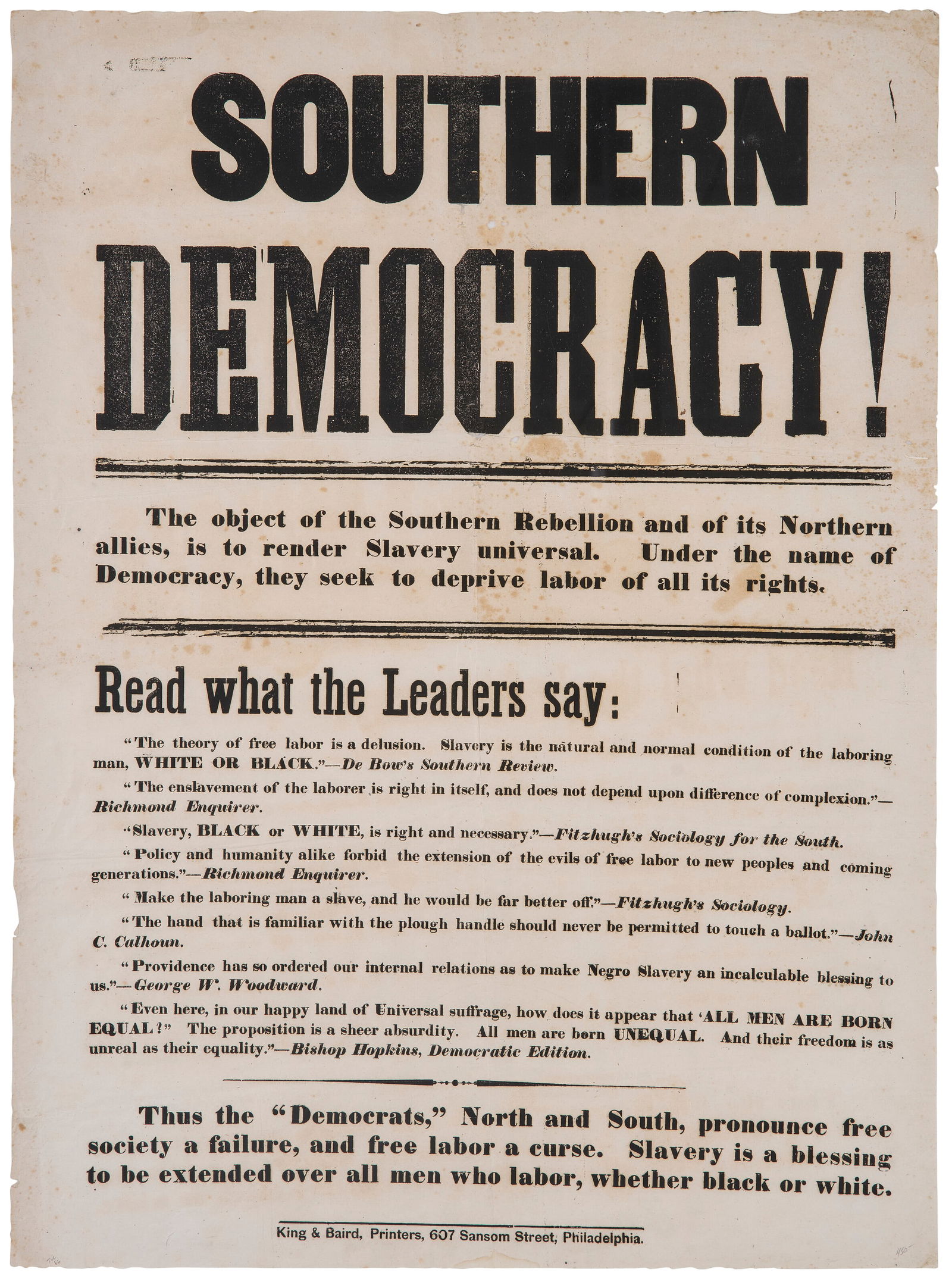 Southern Democracy! [Philadelphia: King & Baird, ca. 1861-65]: Southern Democracy! Philadelphia: King & Baird, ca. 1861-65 Details Southern Democracy! Philadelphia: King & Baird, ca. 1861-65 Lot Essay SLAVERY & ABOLITION -- Southern Democracy! 
