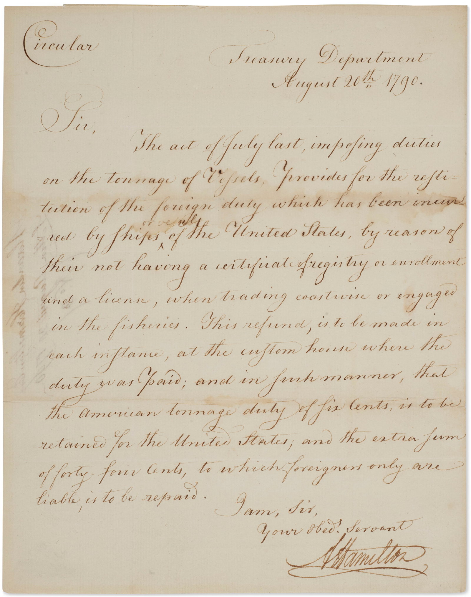 ALEXANDER HAMILTON (C.1757-1804) A circular letter signed as Secretary of the Treasury: ALEXANDER HAMILTON (C.1757-1804) A circular letter signed as Secretary of the Treasury Details ALEXANDER HAMILTON (C.1757-1804) A circular letter signed as Secretary of the Treasury Lot Essay Alexande
