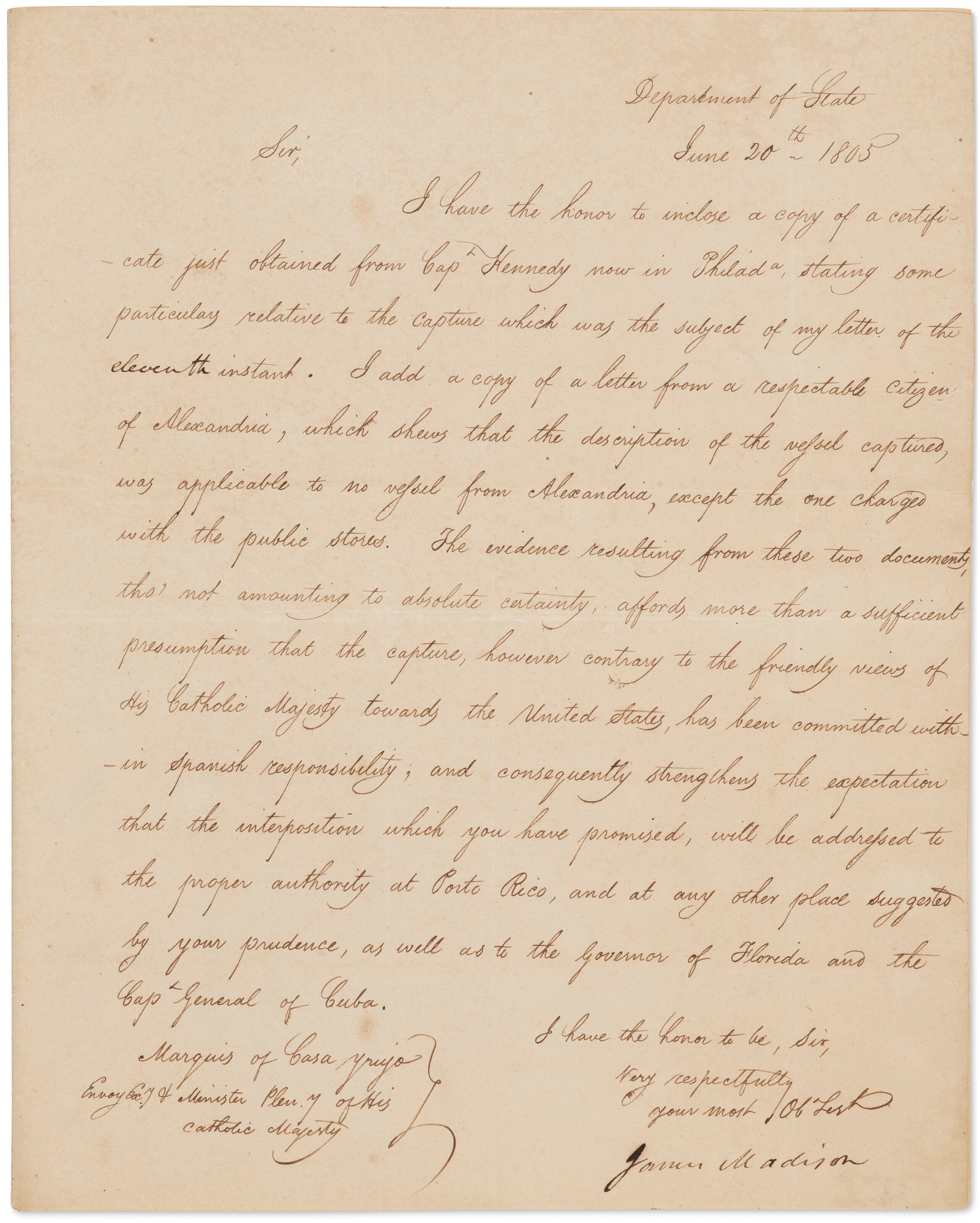 JAMES MADISON (1751-1836) Letter signed as Secretary of State, 20 June 1805 (1 of 2)