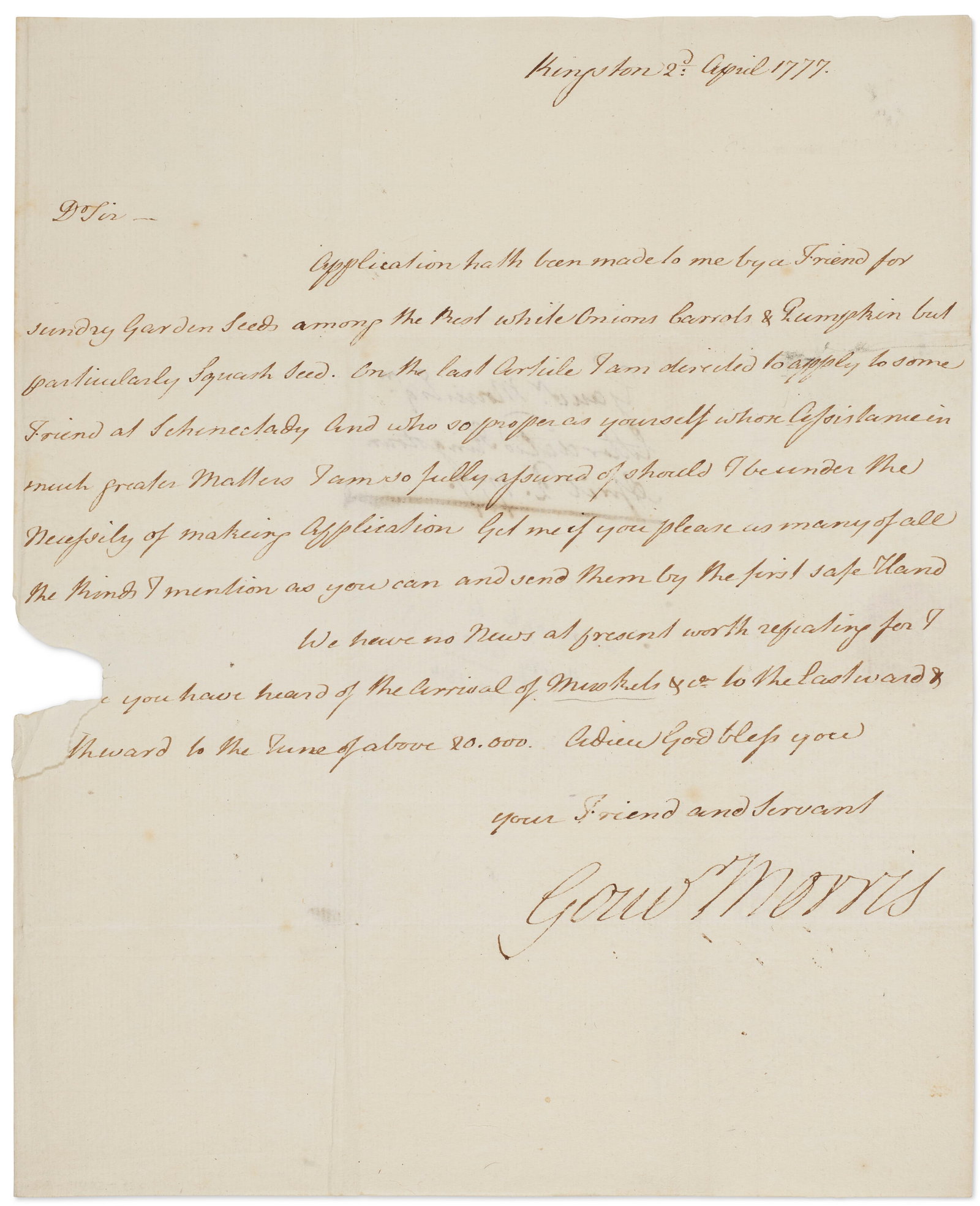 GOUVERNEUR MORRIS (1752-1816) Autograph letter signed, 2 April 1777 (1 of 2)