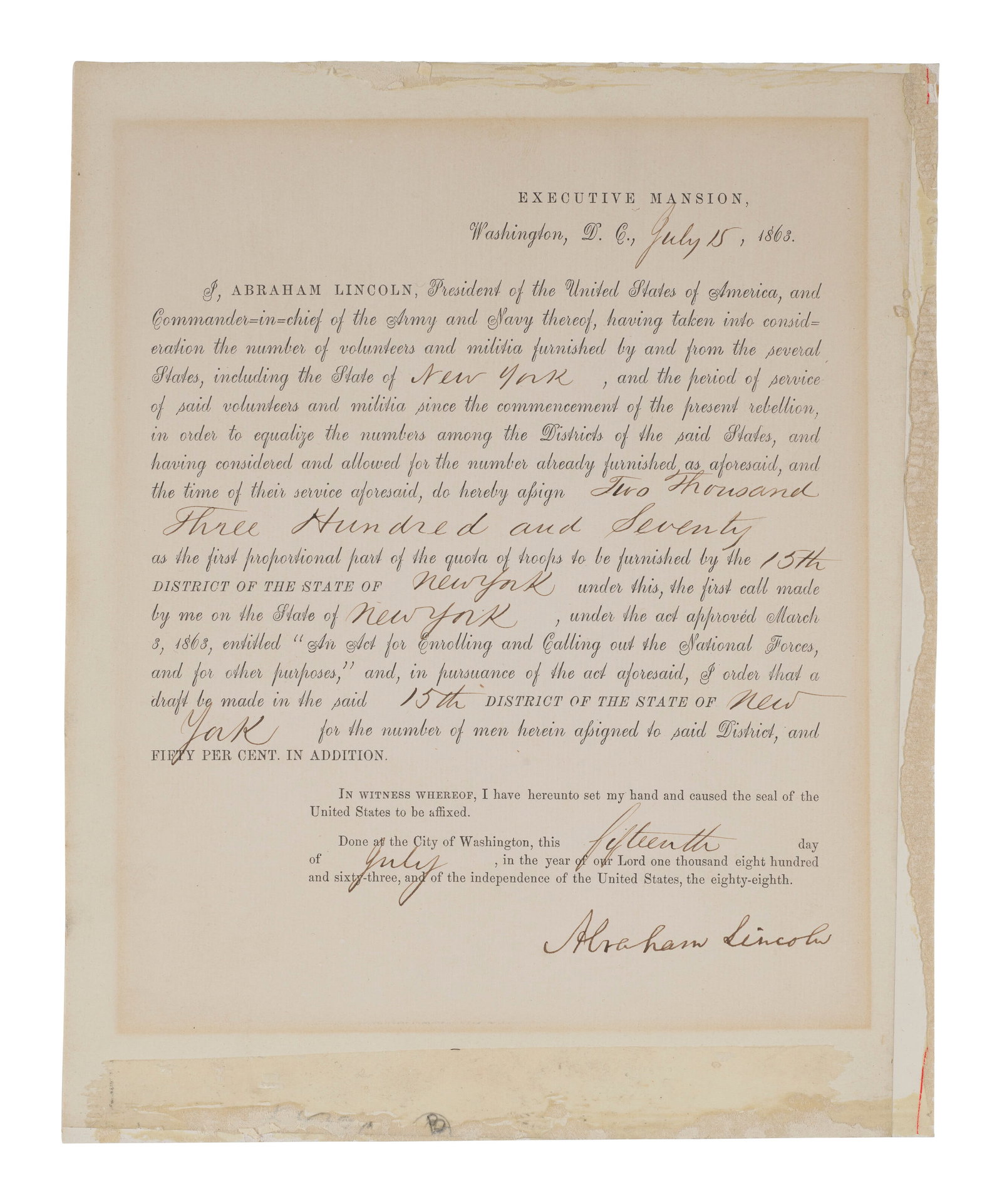 ABRAHAM LINCOLN (1809-1965) Partly-printed document signed ("Abraham Lincoln") as President, (1 of 1)