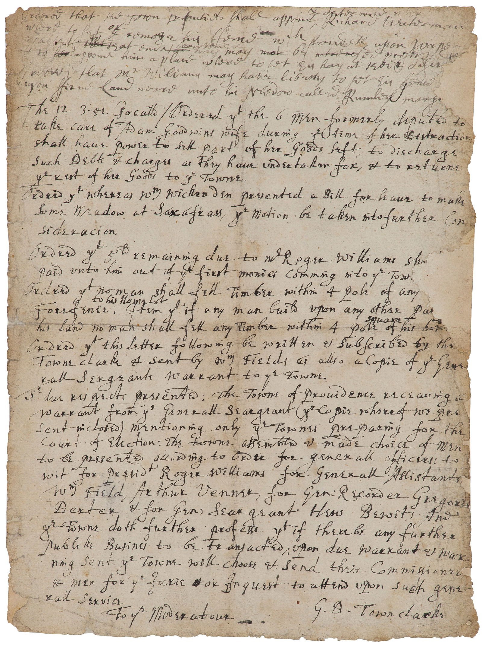 ROGER WILLIAMS (C. 1603-1683) Autograph manuscript signed, Providence, 21 March 1681. (1 of 1)