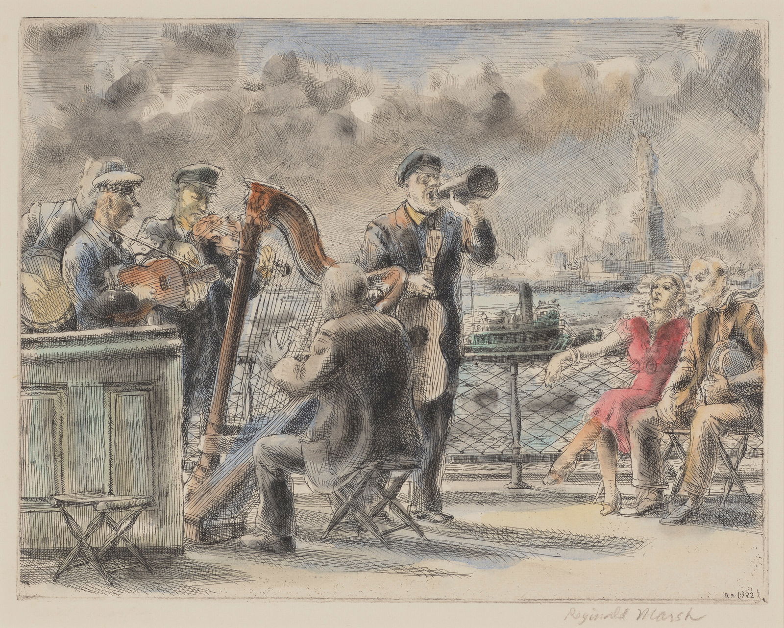 REGINALD MARSH (1898-1954) Iron Steamboat Co.: REGINALD MARSH (1898-1954) Iron Steamboat Co. Details REGINALD MARSH (1898-1954) Iron Steamboat Co. signed in pencil 'Reginald Marsh' (in the right margin) etching with watercolor and color pencil add