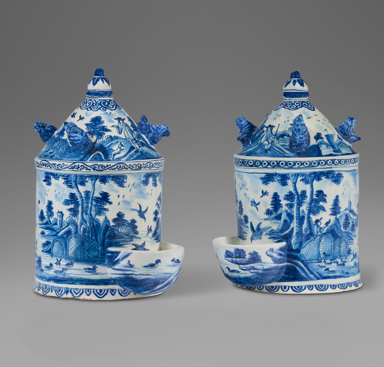 A PAIR OF DUTCH DELFT BLUE AND WHITE AVIAN WATER DISPENSERS CIRCA 1710, BLUE PAK MARK FOR PIETER (1 of 5)