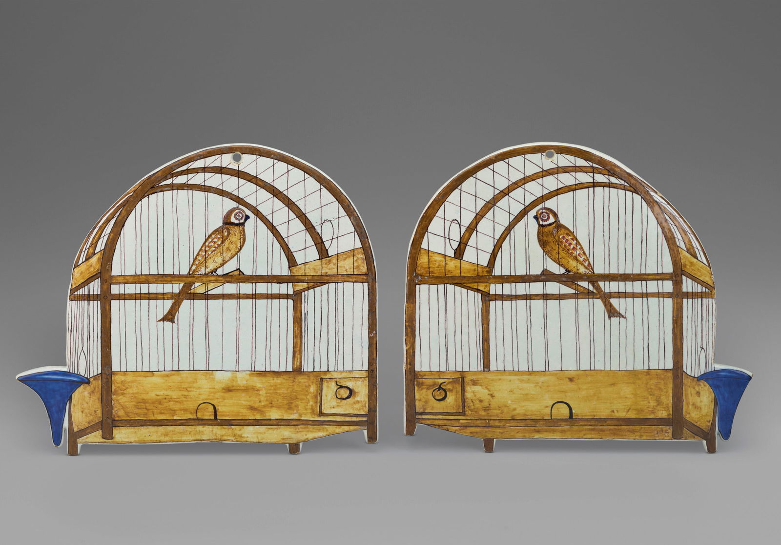 A PAIR OF DUTCH DELFT TROMPE L’OEIL BIRDCAGE PLAQUES CIRCA 1760 (1 of 2)