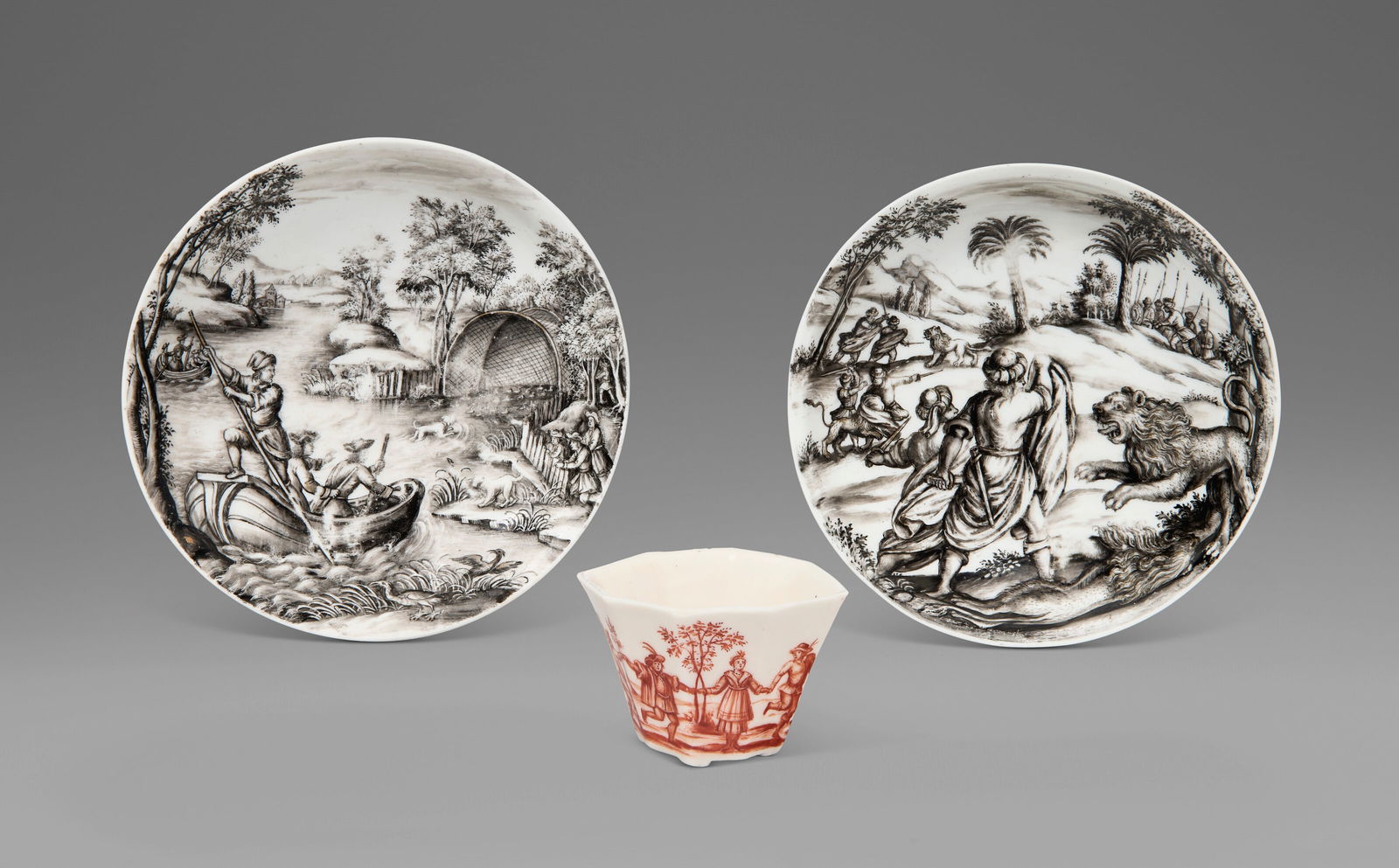 THREE HAUSMERLEI PORCELAIN DRINKING WARES THE SAUCERS BÖTTGER, CIRCA 1720; THE WINE-CUP CHINESE: THREE HAUSMERLEI PORCELAIN DRINKING WARES THE SAUCERS BÖTTGER, CIRCA 1720; THE WINE-CUP CHINESE PORCELAIN, CIRCA 1700; THE DECORATION ON ALL THREE ATTRIBUTED TO IGNAZ PREISSLER CIRCA 1720-1725 De