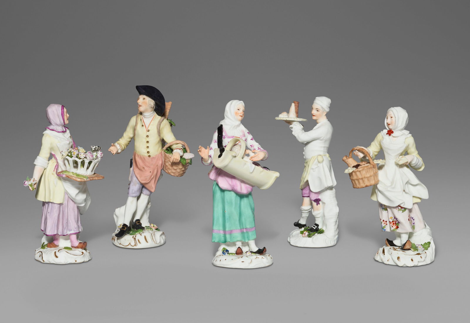 FIVE MEISSEN PORCELAIN 'CRIS DE PARIS' FIGURES CIRCA 1755, SMALL BLUE CROSSED SWORDS TO THE BACK OF (1 of 5)