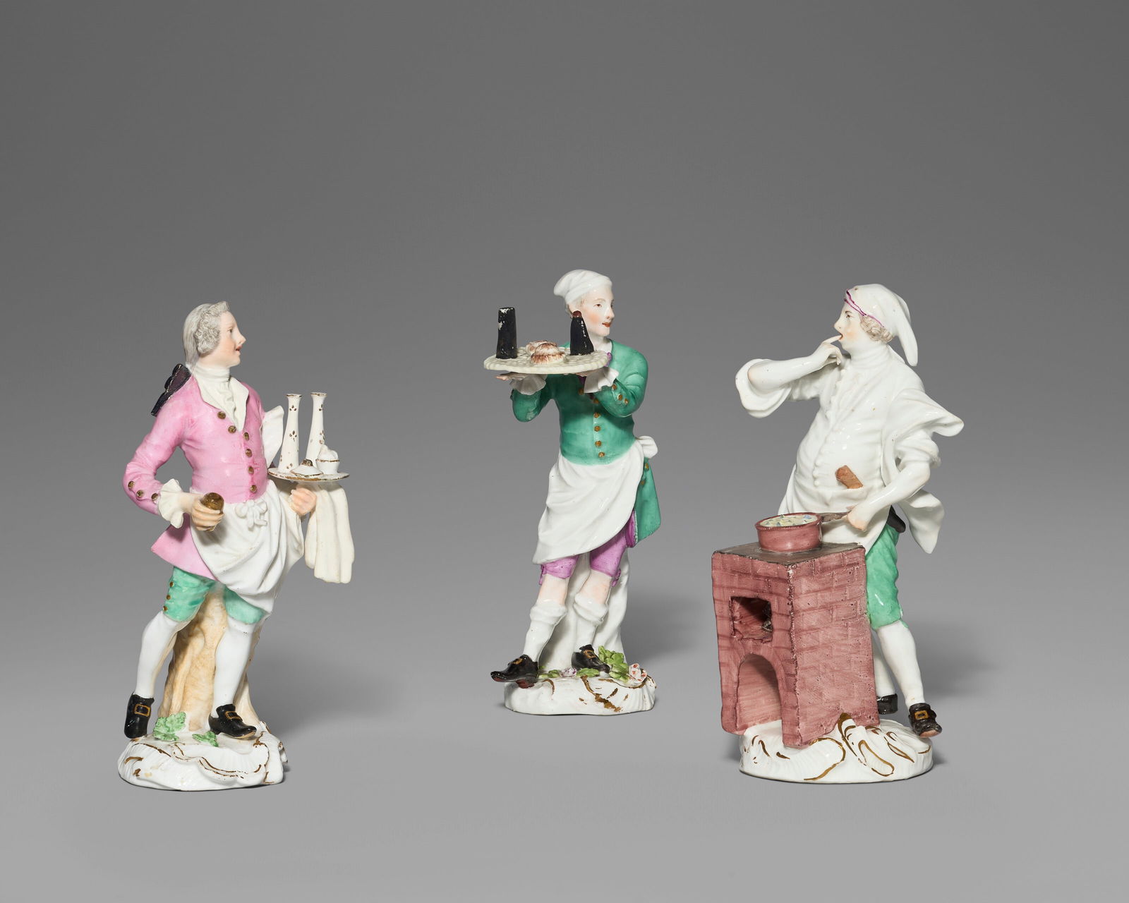 THREE MEISSEN PORCELAIN MALE 'CRIS DE PARIS' FIGURES CIRCA 1755, SMALL BLUE CROSSED SWORDS TO THE (1 of 5)
