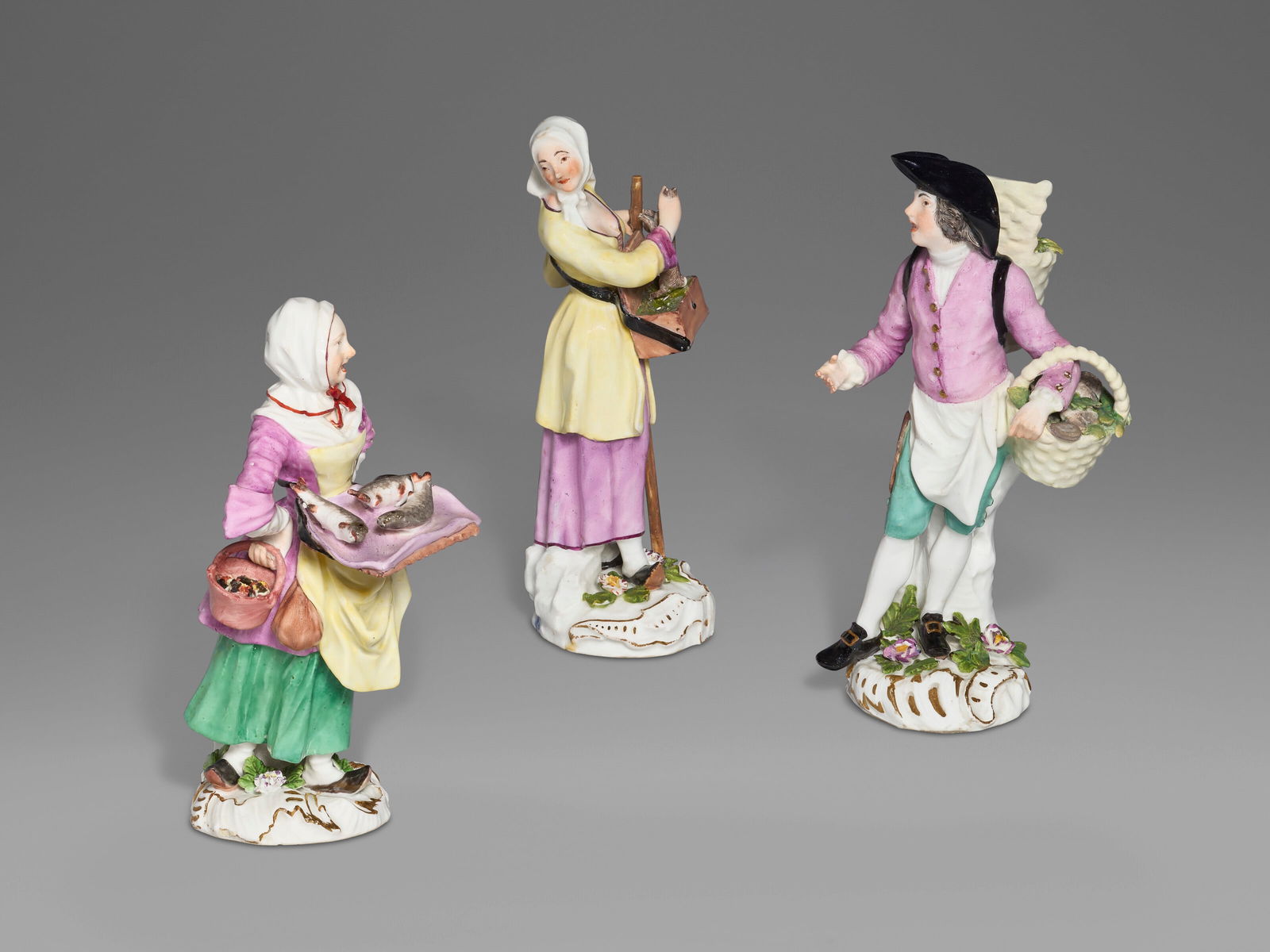 THREE MEISSEN PORCELAIN 'CRIS DE PARIS' FIGURES OF FISH AND GAME SELLERS CIRCA 1755, SMALL BLUE (1 of 5)