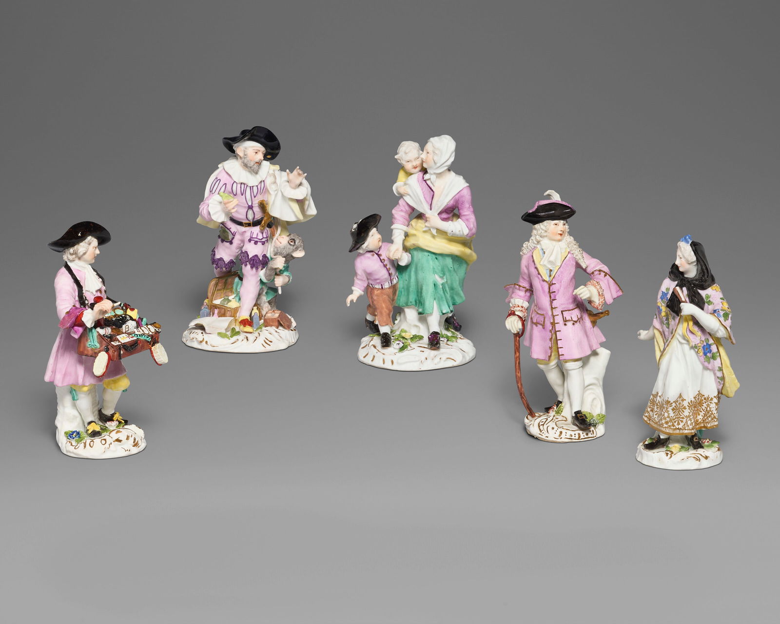 FIVE MEISSEN PORCELAIN 'CRYES OF LONDON’ FIGURES CIRCA 1755, BLUE CROSSED SWORDS MARKS, (1 of 5)