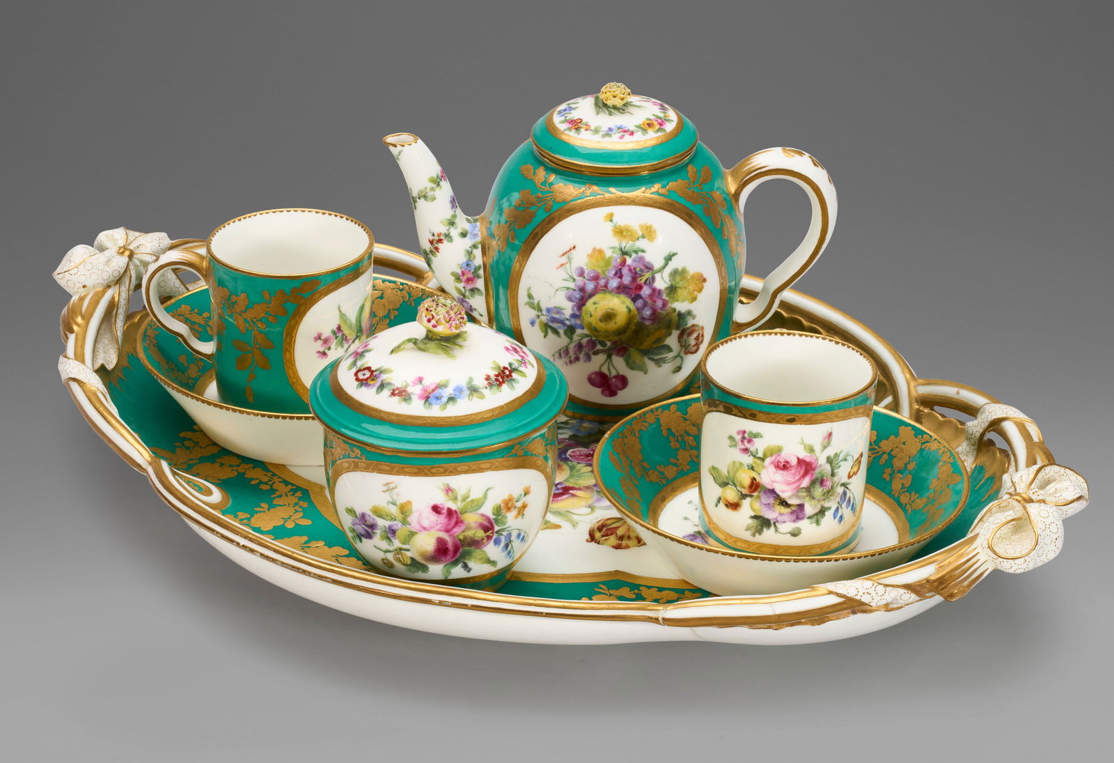 A SEVRES PORCELAIN GREEN-GROUND TEA SET (DEJEUNER A BAGUETTES) CIRCA 1775, BLUE INTERLACED L'S AND (1 of 6)