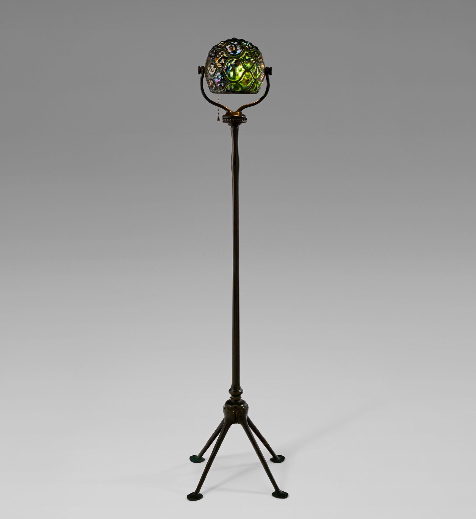 TIFFANY STUDIOS 'Turtle-Back' Diver's Floor Lamp, circa 1910: TIFFANY STUDIOS 'Turtle-Back' Diver's Floor Lamp, circa 1910 Details Favrile glass, patinated bronze 531⁄2 x 121⁄2 x 121⁄4 in. (135.9 x 31.8 x 31.1 cm) (as seen) base impressed TIFFA