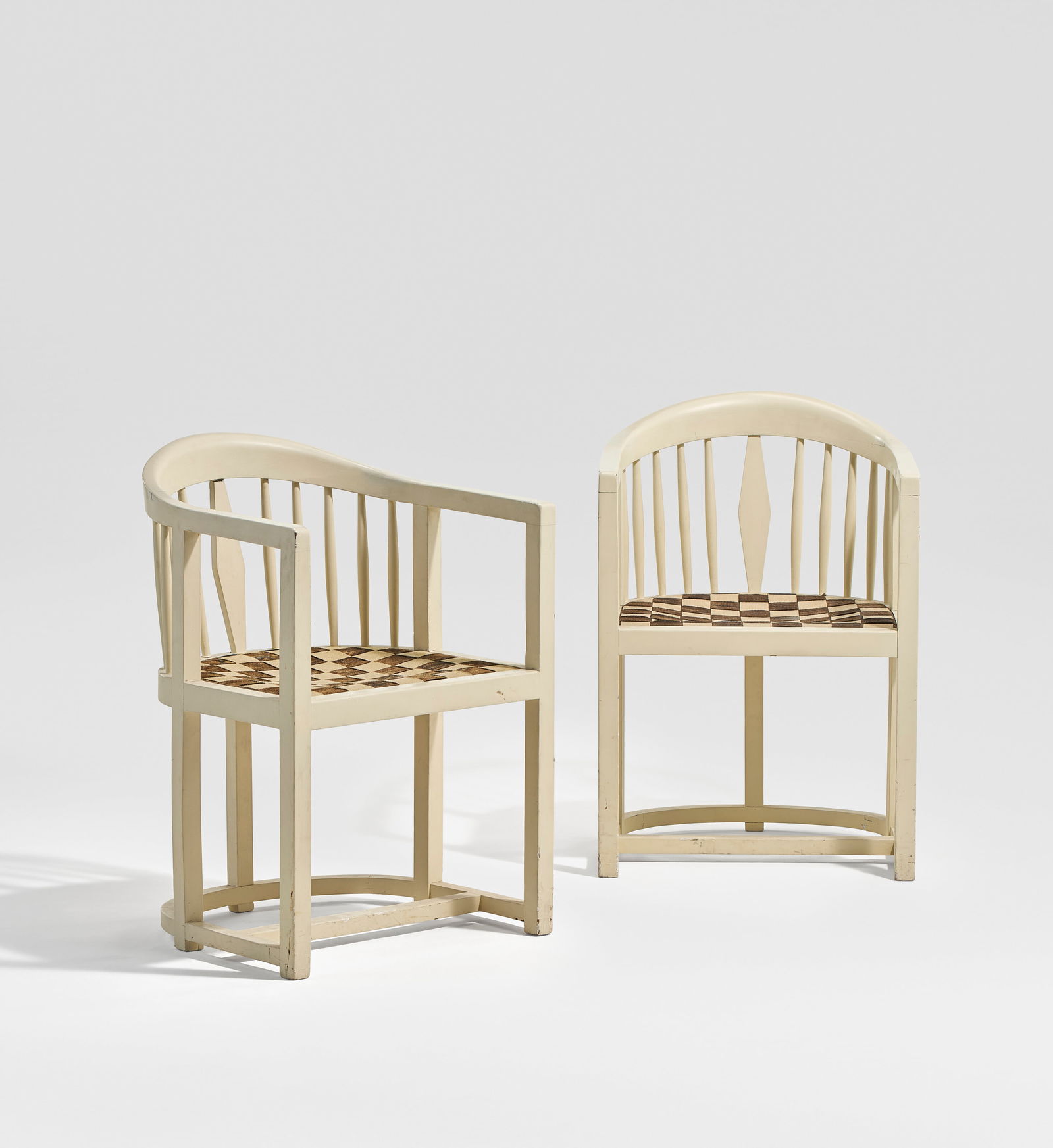 WILHELM SCHMIDT (1845-1938) Pair of Armchairs, Model No. 1/1227, circa 1905: WILHELM SCHMIDT (1845-1938) Pair of Armchairs, Model No. 1/ 1227, circa 1905 Details manufactured by Prag-Rudniker Korbwarenfabrik, Vienna, Austria painted elm, ash, jute 303⁄4 x 21 x 20 in. (78