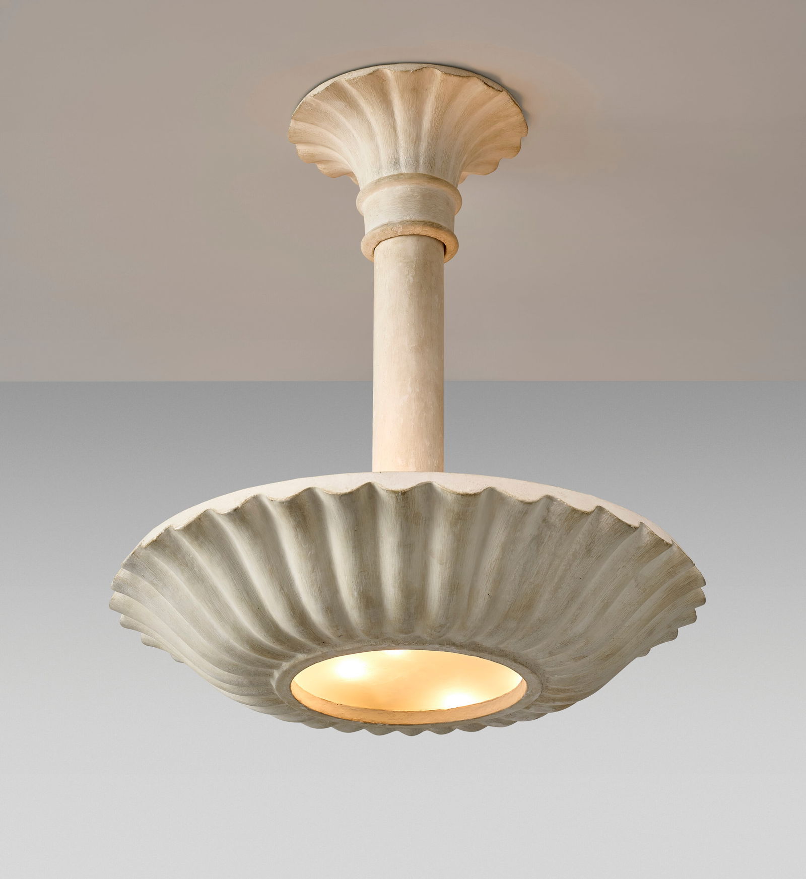 FRENCH Pair of Chandeliers, mid-20th century: FRENCH Pair of Chandeliers, mid-20th century Details plaster, frosted glass 23 in. (58.5 cm) high, 281⁄2 in. (72.4 cm) diameter (each) each marked MODELE ET MONTAGE DEPOSE Provenance Jean Charle