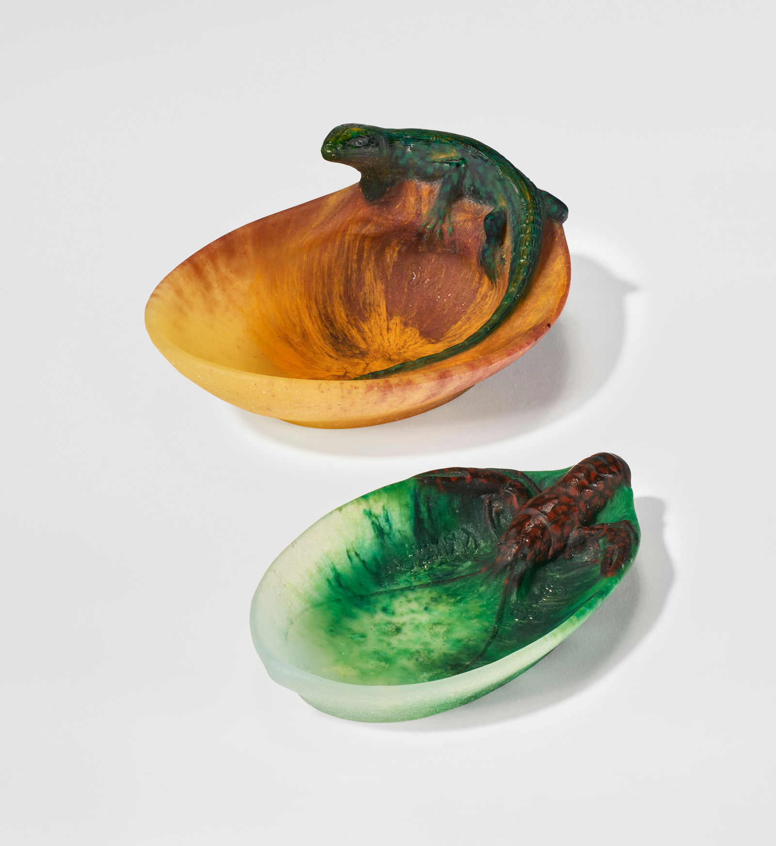 AMALRIC WALTER (1870-1959) AND HENRI BERGÉ (1870-1937) 'Lézard' Vide Poche and 'Langouste': AMALRIC WALTER (1870-1959) AND HENRI BERGÉ (1870-1937) 'Lézard' Vide Poche and 'Langouste' Vide Poche, circa 1915 Details pâte-de-verre 33⁄4 x 81⁄4 x 6 in. (9.5 x 21 x 15.3