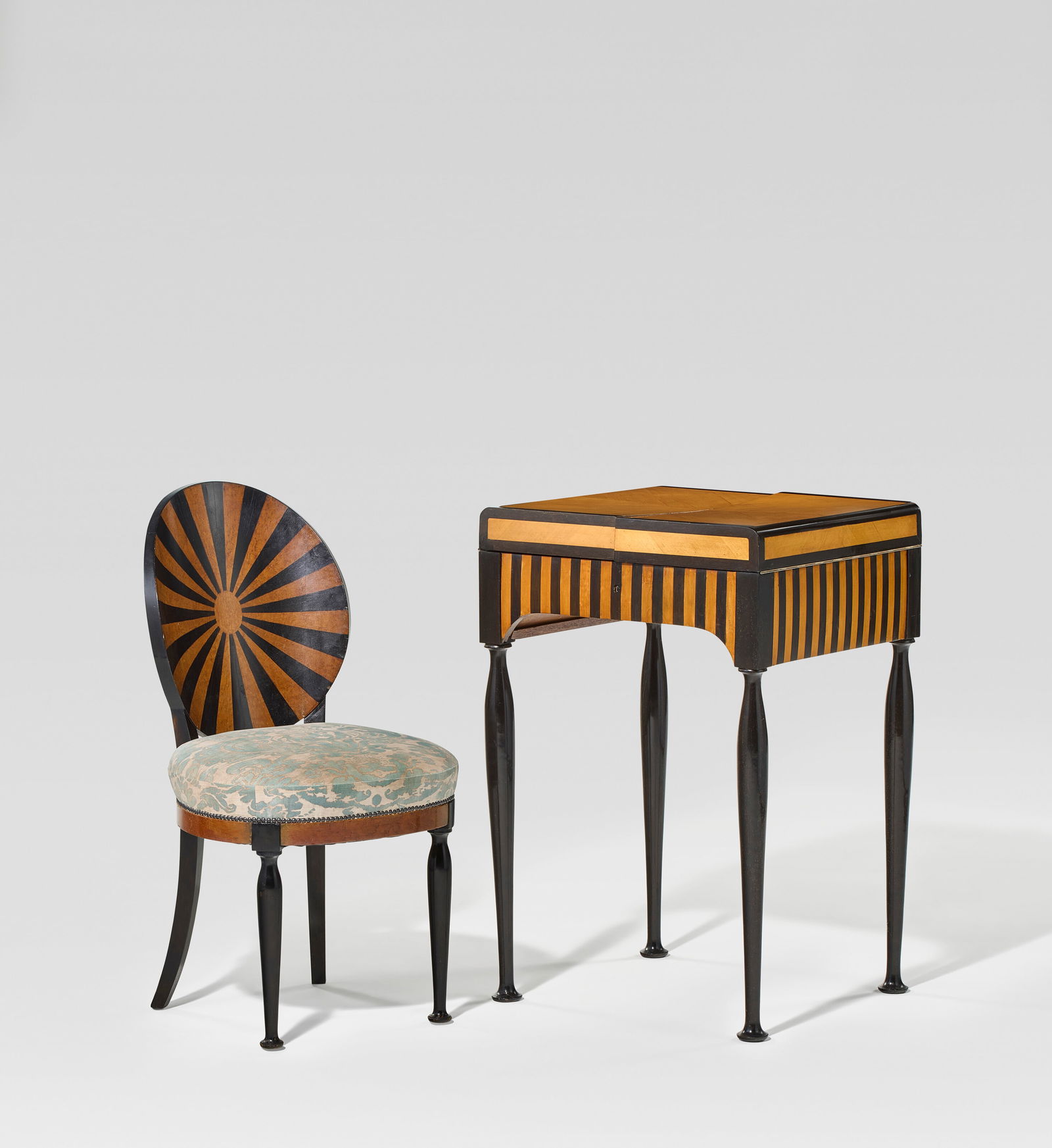 ANDRÉ GROULT (1884-1966) Desk and Side Chair, circa 1913: ANDRÉ GROULT (1884-1966) Desk and Side Chair, circa 1913 Details satin wood, ebonized pear wood, maple, oak, fabric upholstery 321⁄4 x 211⁄2 x 195⁄8 in. (82 x 54.5 x 50 cm) (des