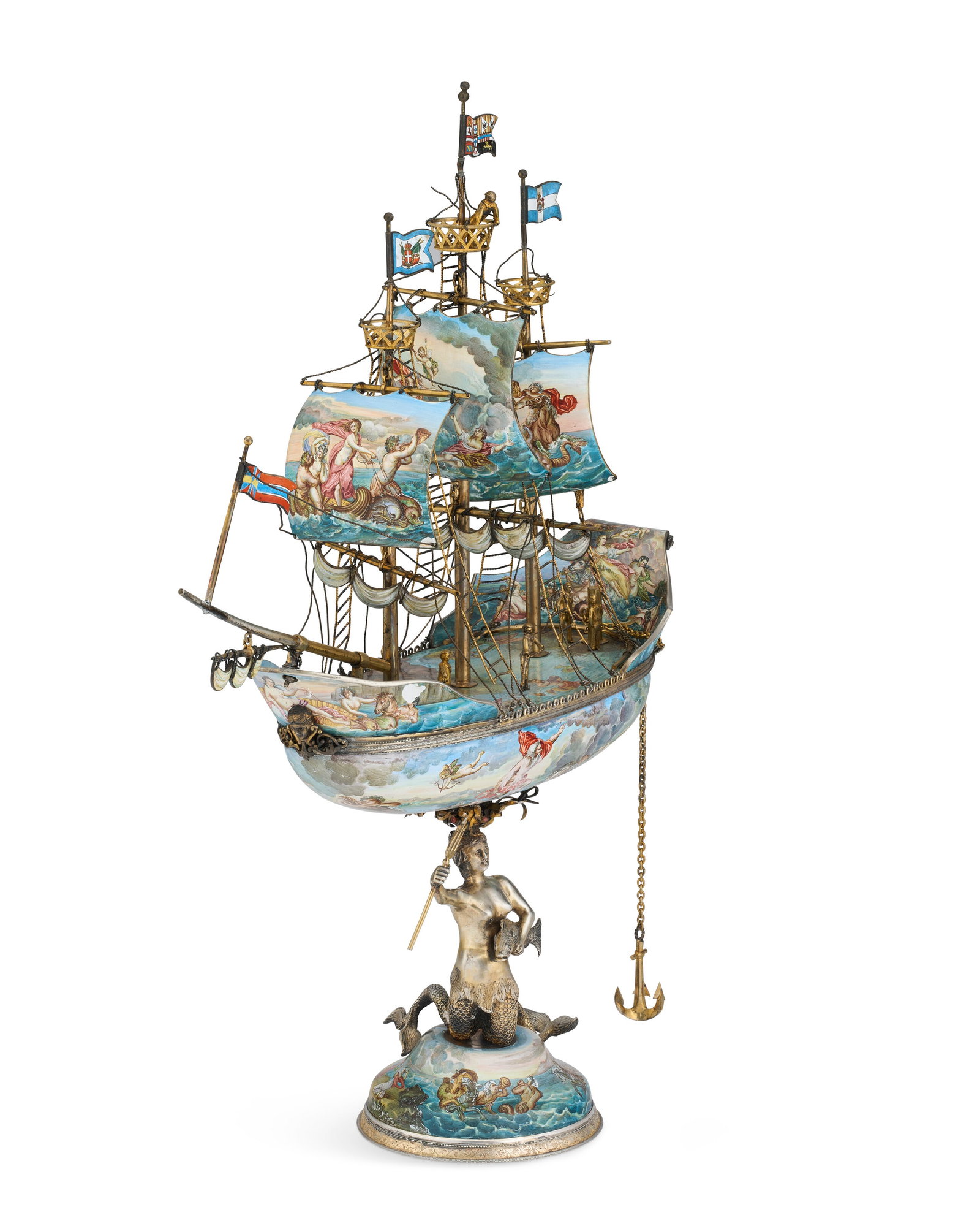 AN AUSTRIAN SILVER-GILT AND ENAMEL NEF VIENNA, LAST QUARTER 19TH CENTURY: AN AUSTRIAN SILVER-GILT AND ENAMEL NEF VIENNA, LAST QUARTER 19TH CENTURY Details On a domed base decorated with Tritons and classical scenes, the stem as a double tailed mermaid holding a fish and a t