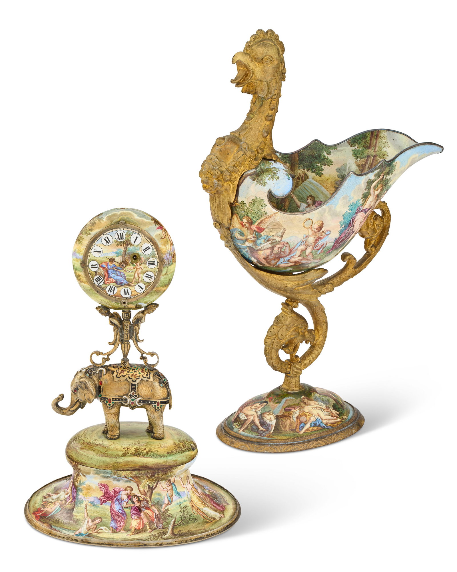 AN AUSTRIAN SILVER-GILT AND ENAMEL FIGURAL TABLE CLOCK AND GILT-METAL AND ENAMEL COUPE VIENNA, LAST (1 of 5)