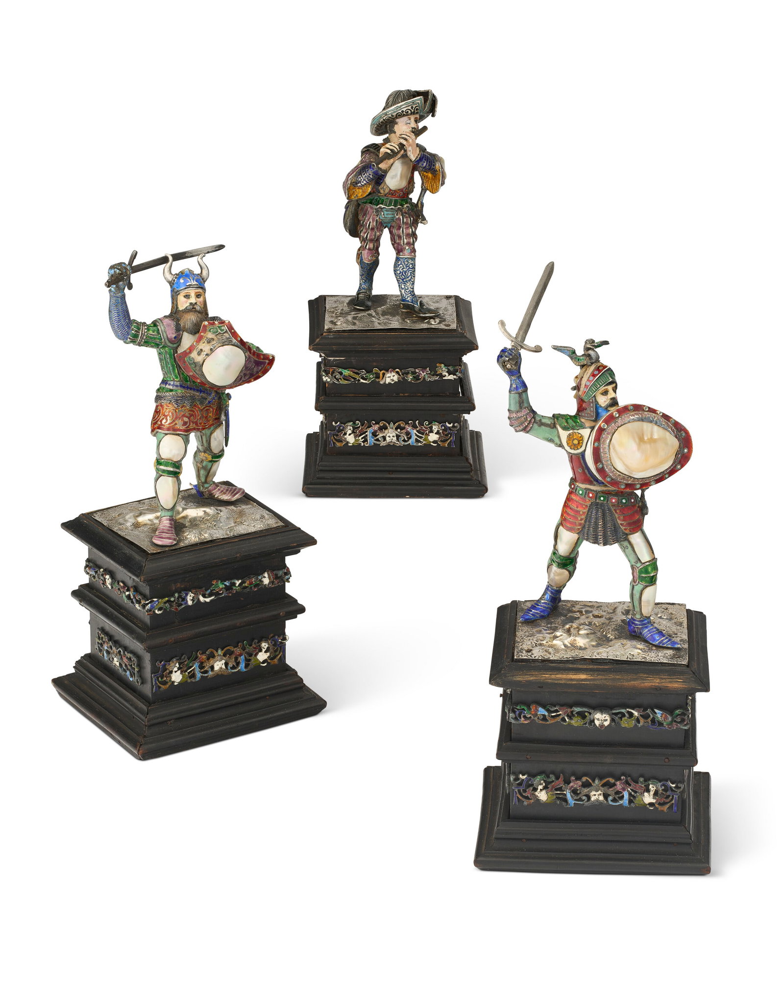 THREE AUSTRIAN ENAMELED SILVER AND MOTHER-OF-PEARL FIGURES PROBABLY VIENNA, LAST QUARTER 19TH (1 of 3)