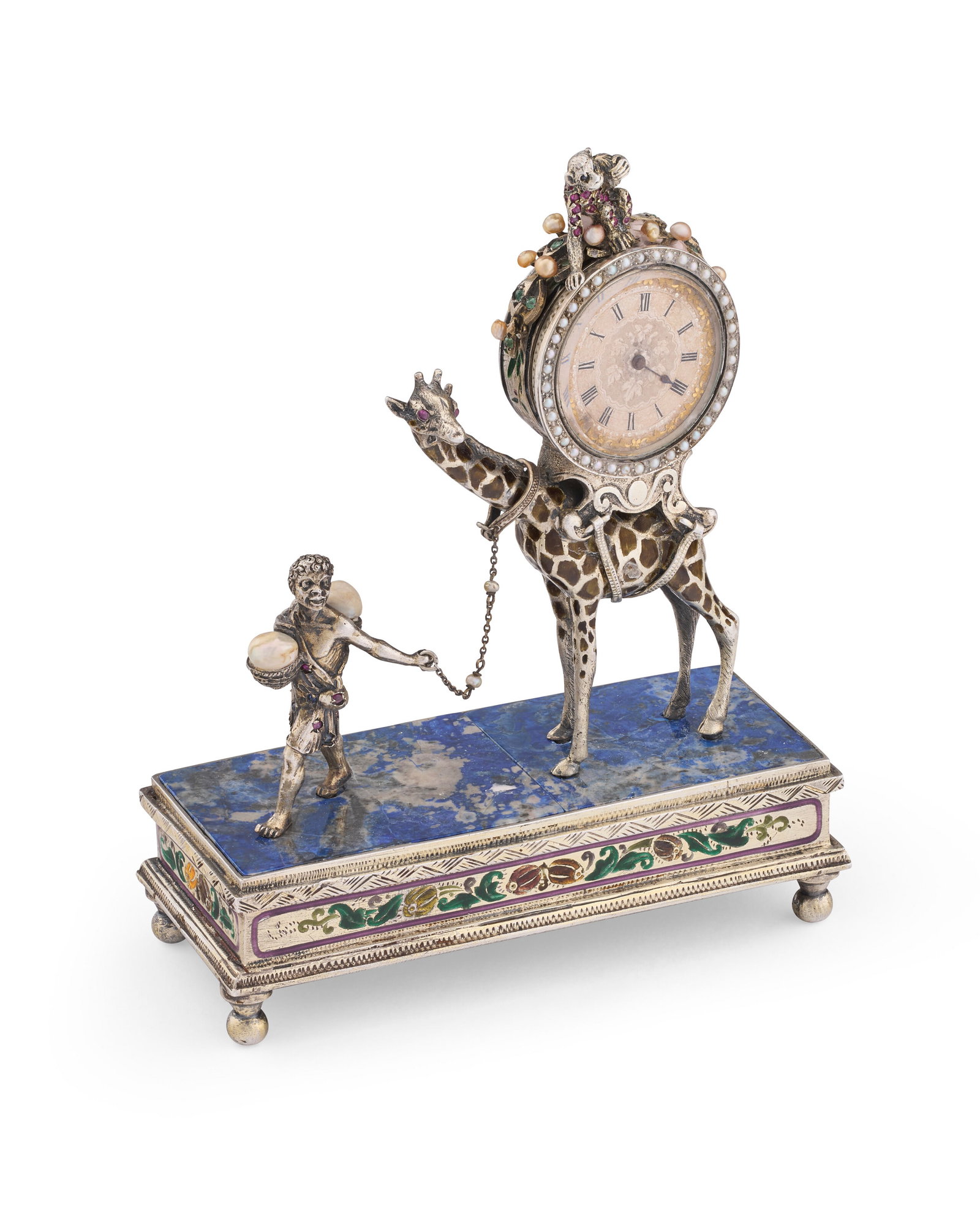 AN AUSTRIAN GEM-SET AND ENAMELED SILVER AND LAPIS LAZULI FIGURAL CLOCK PROBABLY VIENNA, CIRCA 1890 (1 of 3)