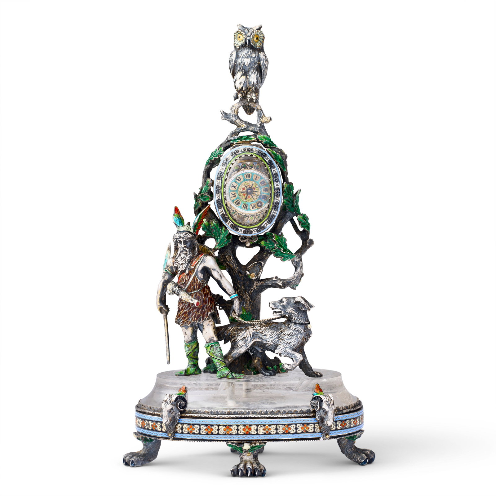 AN AUSTRIAN ENAMELED SILVER AND ROCK CRYSTAL FIGURAL CLOCK MARK OF KARL RÖSSLER, VIENNA, CIRCA (1 of 3)