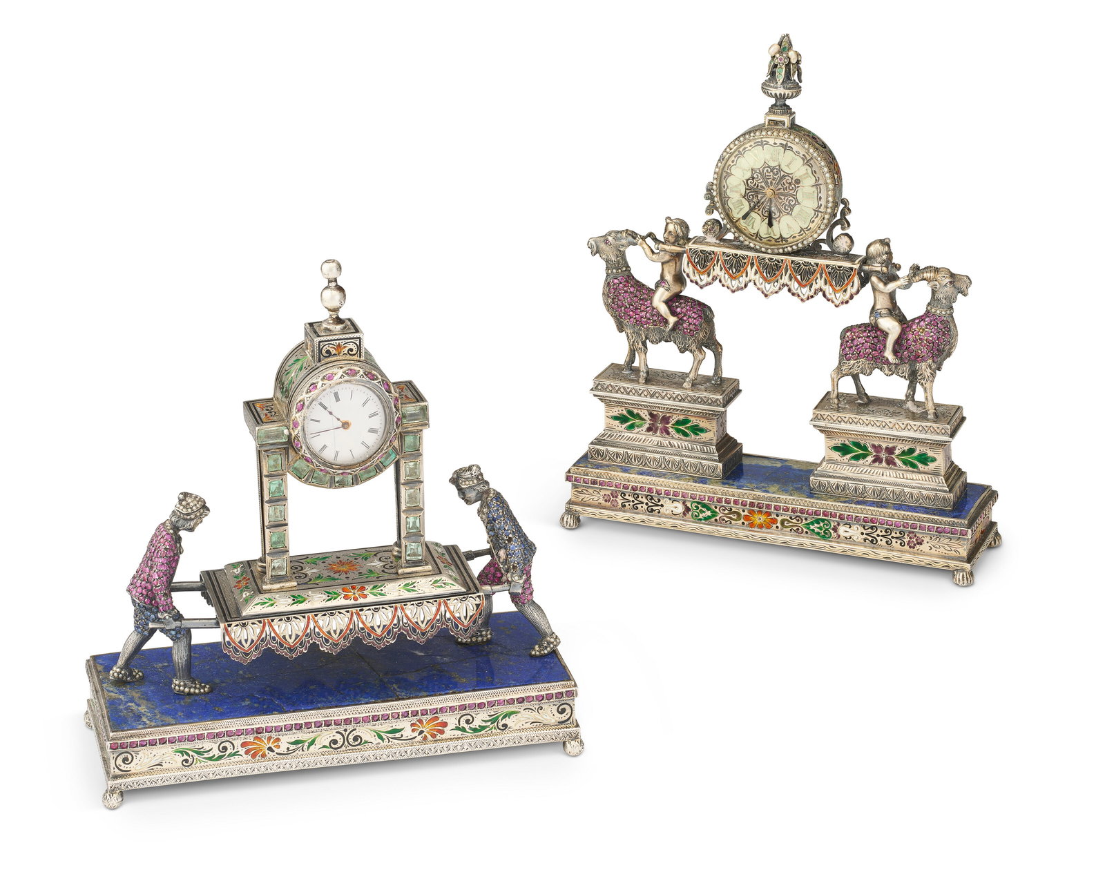TWO AUSTRIAN ENAMELED AND GEM-SET SILVER AND LAPIS LAZULI FIGURAL CLOCKS VIENNA, LAST QUARTER 19TH (1 of 5)