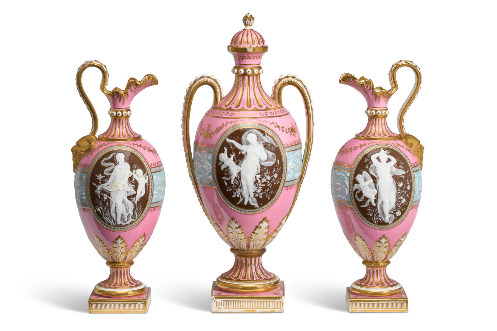 A MINTONS PORCELAIN PATE-SUR-PATE PINK, PALE-BLUE AND CHOCOLATE-BROWN GROUND THREE-PIECE GARNITURE (1 of 5)