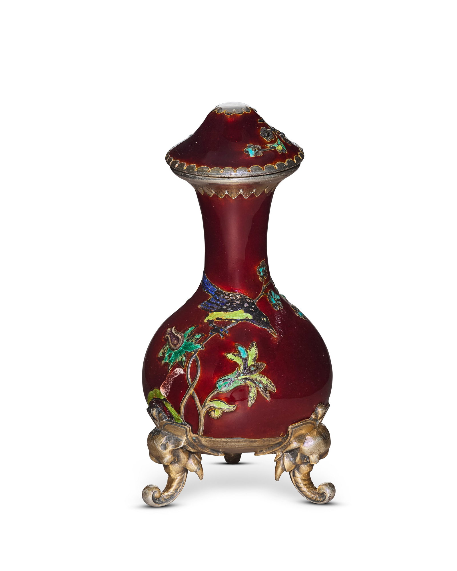 A PARCEL-GILT SILVER AND LACQUER SCENT BOTTLE BY PAVEL OVCHINNIKOV, MOSCOW,CIRCA 1890 (1 of 4)