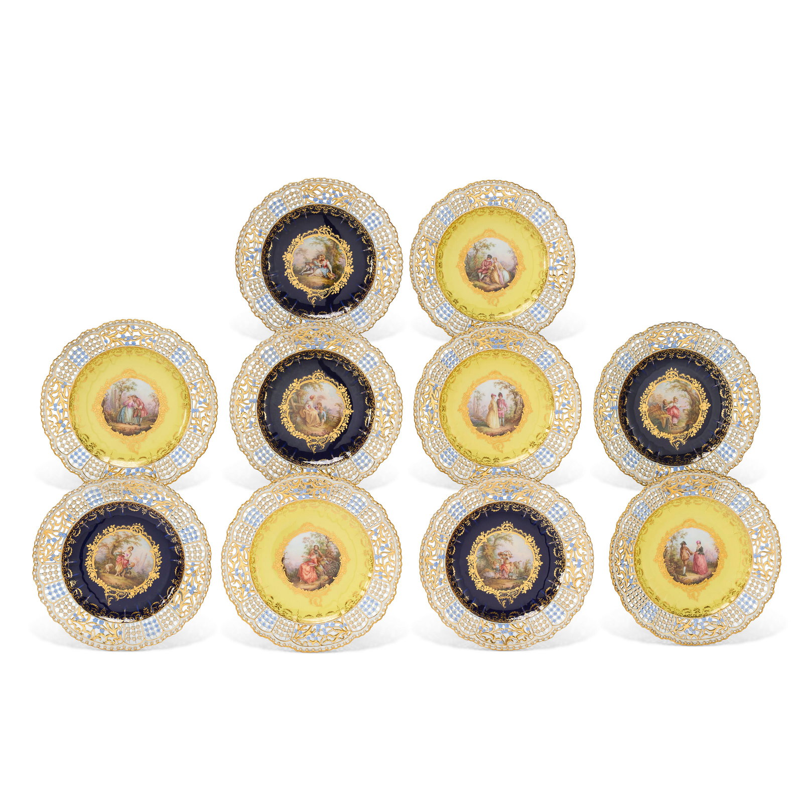 A HARLEQUIN SET OF TEN MEISSEN PORCELAIN RETICULATED PLATES LATE 19TH CENTURY, BLUE CROSSED SWORDS (1 of 3)