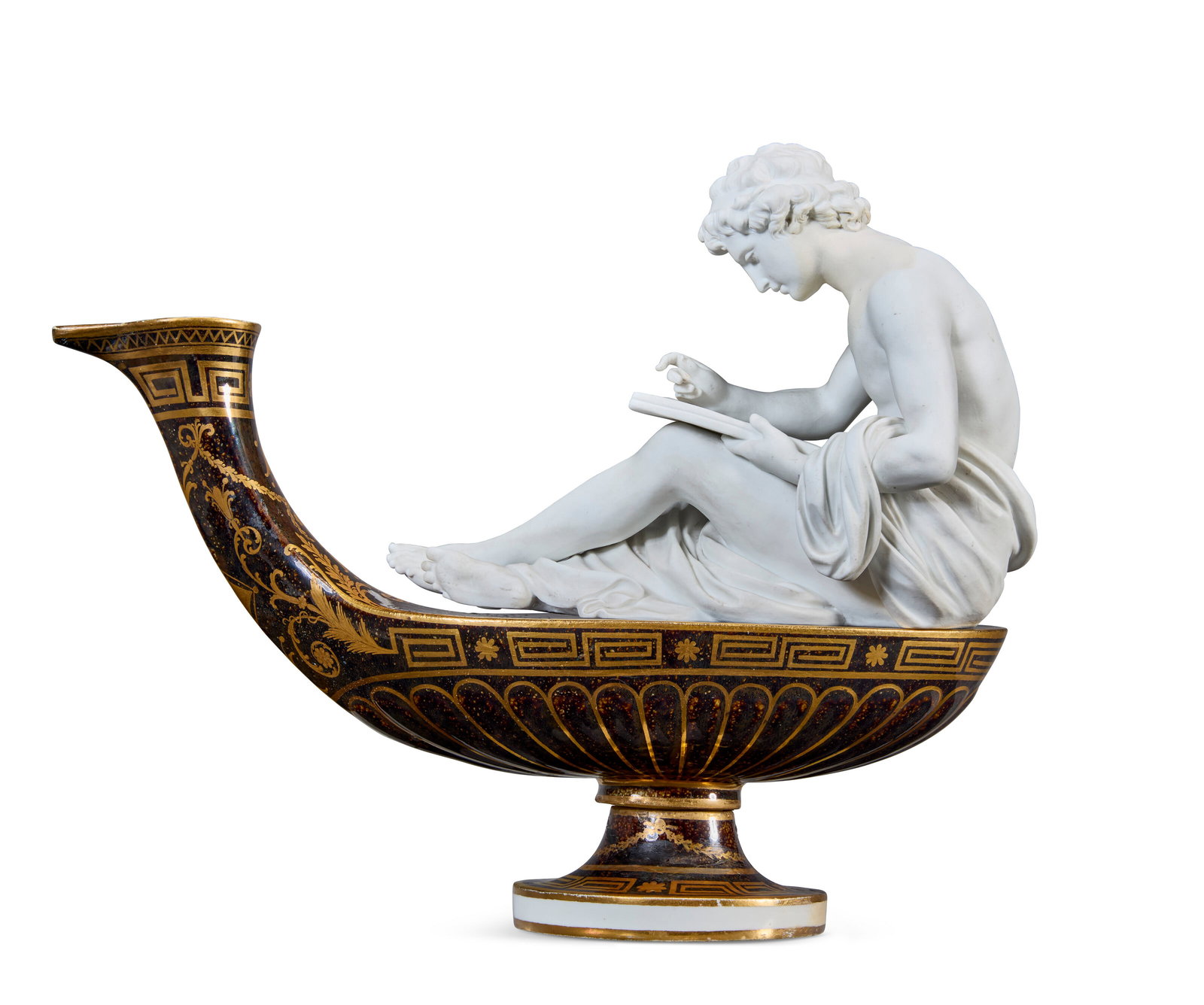 A SEVRES PORCELAIN FIGURAL BISCUIT AND FAUX-PORPHYRY GROUND OIL-LAMP, ‘LA PHILOSOPHE’ (1 of 7)