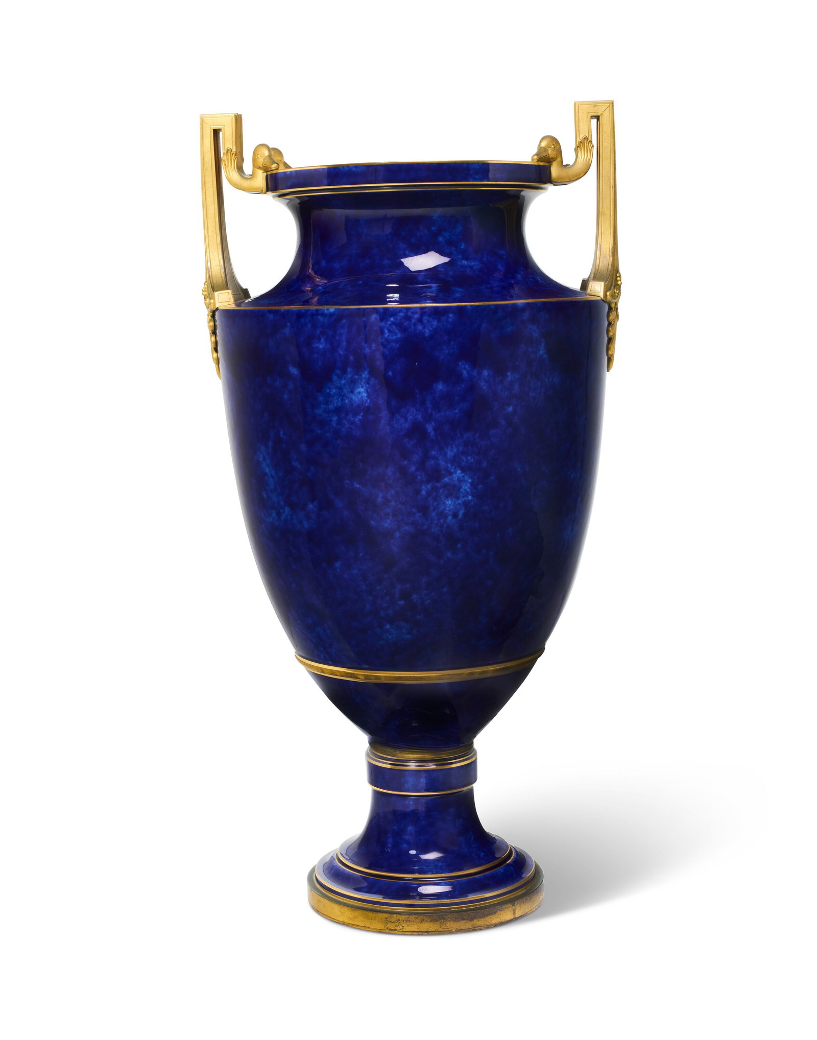A LARGE GILT-BRONZE MOUNTED SEVRES PORCELAIN FAUX LAPIS VASE CIRCA 1896-1899, GREEN PRINTED LOZENGE (1 of 3)