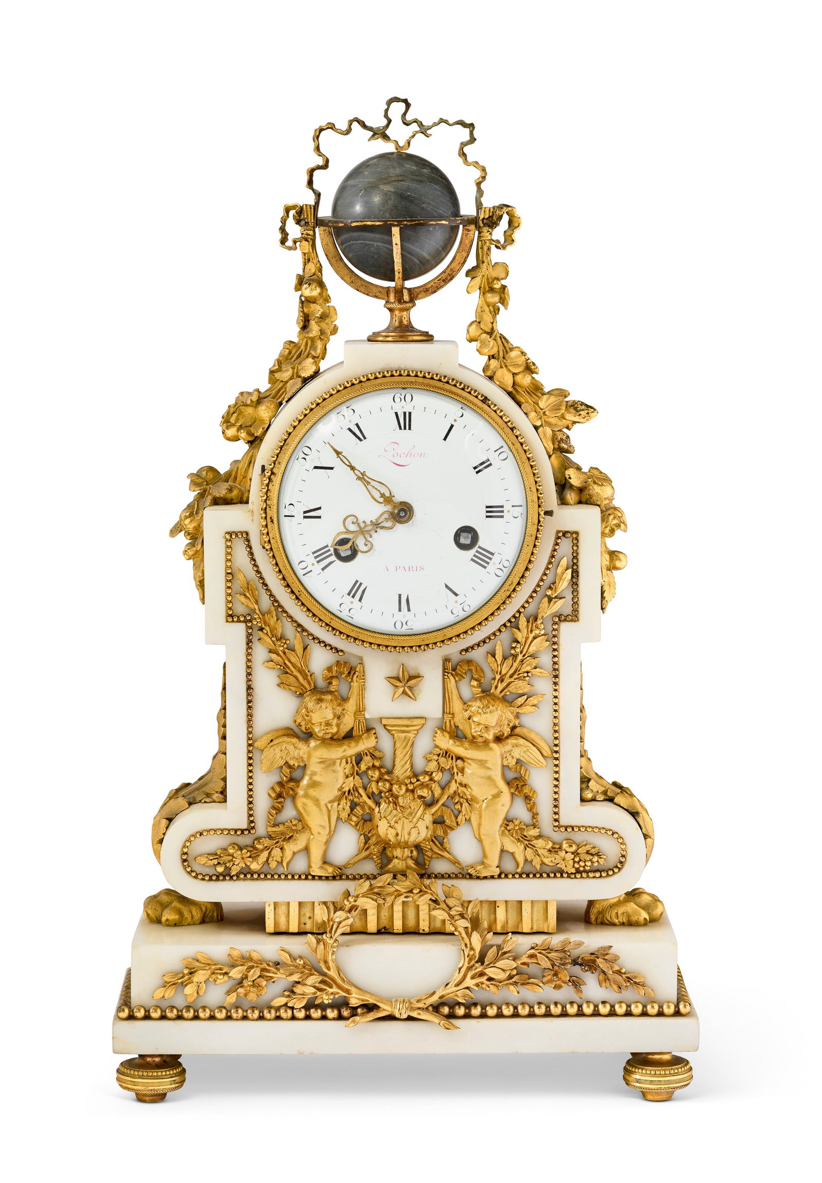 A LATE LOUIS XVI ORMOLU-MOUNTED WHITE MARBLE MANTEL CLOCK THE MOVEMENT BY JEAN-CHARLES POCHON, CIRCA (1 of 6)