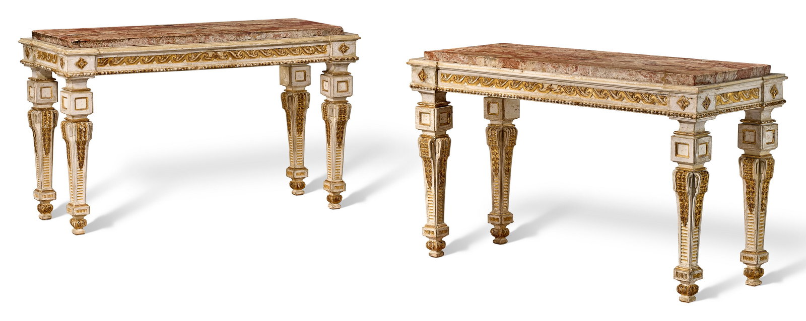 A PAIR OF ITALIAN WHITE-PAINTED AND PARCEL-GILT CONSOLE TABLES PROBABLY ROME, CIRCA 1775, THE MARBLE (1 of 9)