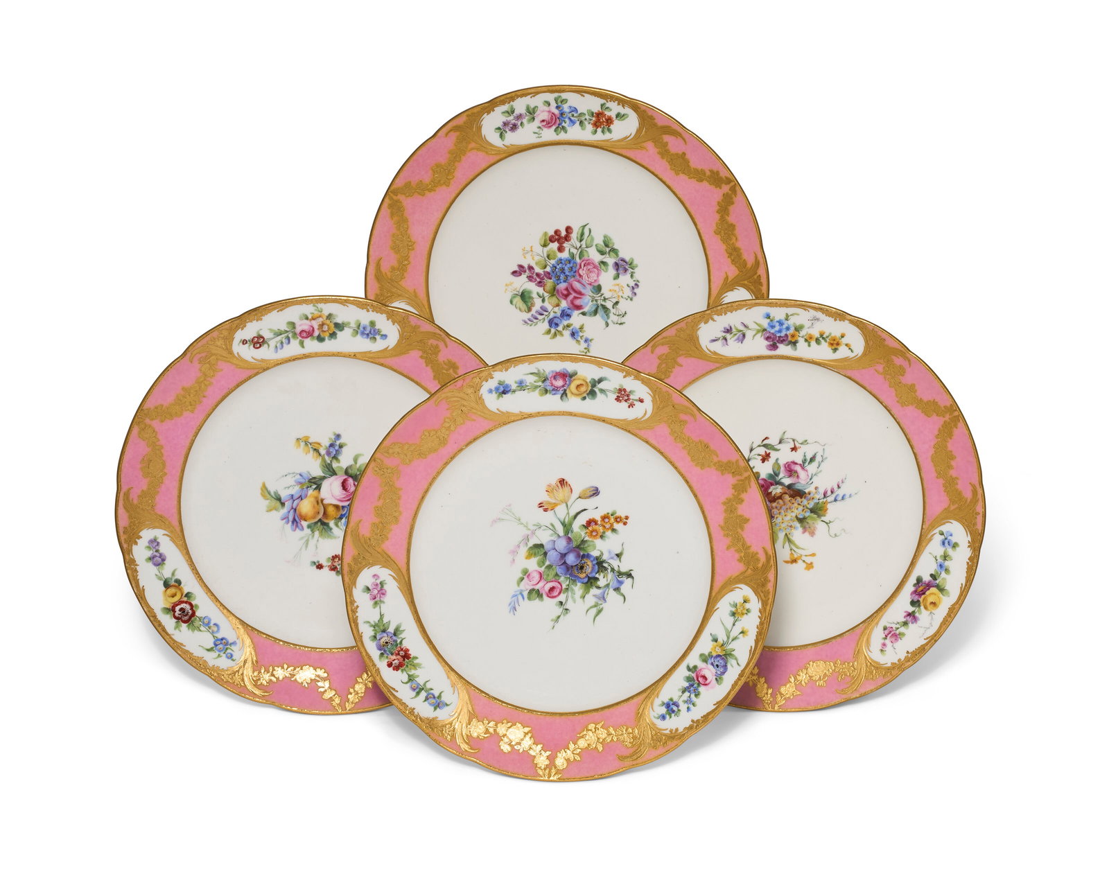 FOUR SEVRES PORCELAIN PINK-GROUND PLATES CIRCA 1774-1775, INTERLACED L’S MARKS ENCLOSING DATE: FOUR SEVRES PORCELAIN PINK-GROUND PLATES CIRCA 1774-1775, INTERLACED L’S MARKS ENCLOSING DATE LETTERS V AND X, PAINTER'S MARKS FOR A.J. CHAPUIS, N. BULIDON AND G. NOEL, GILDER'S MARKS FOR F. BAU