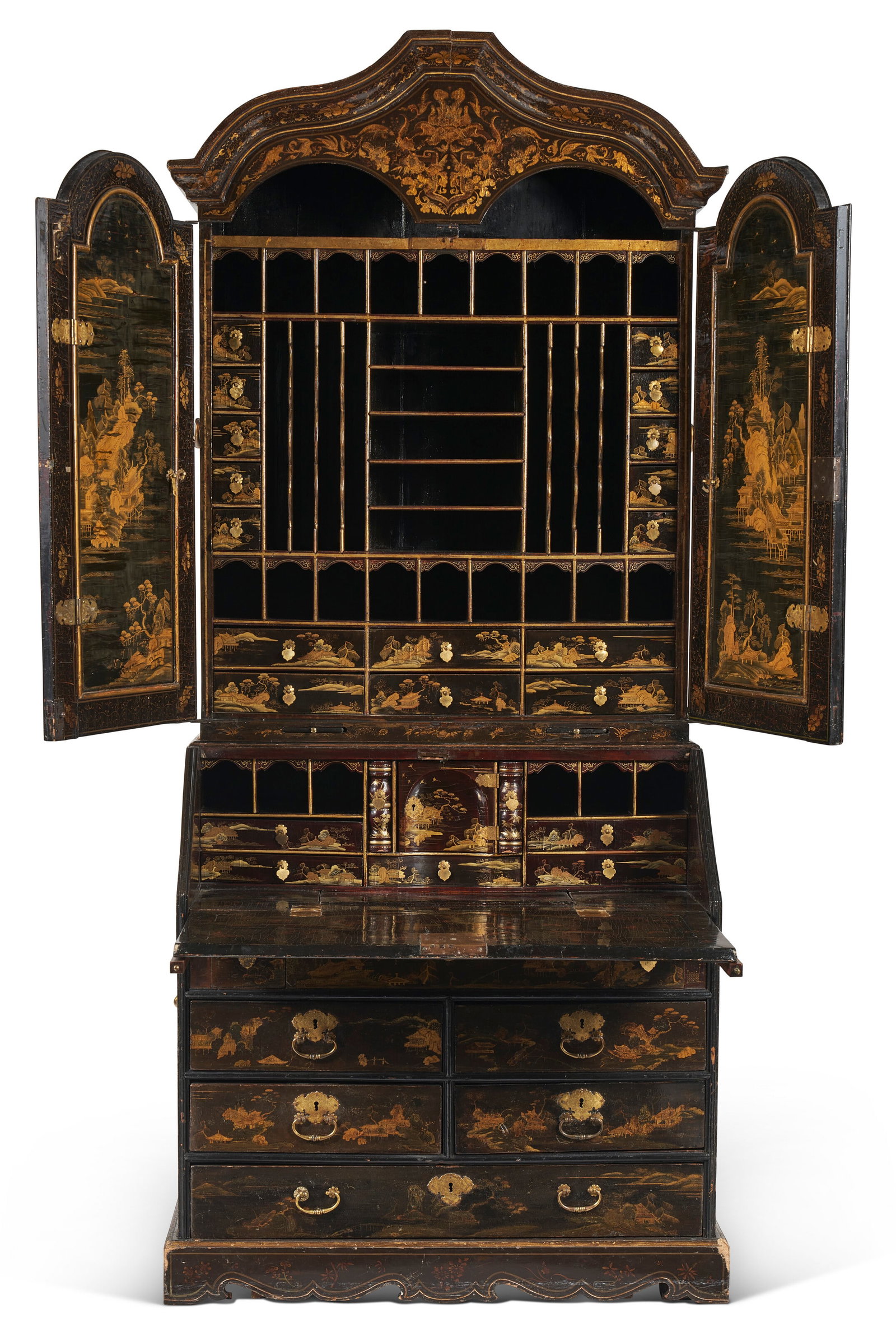 A CHINESE EXPORT BLACK AND GILT LACQUER BUREAU-CABINET CIRCA 1760 (1 of 7)