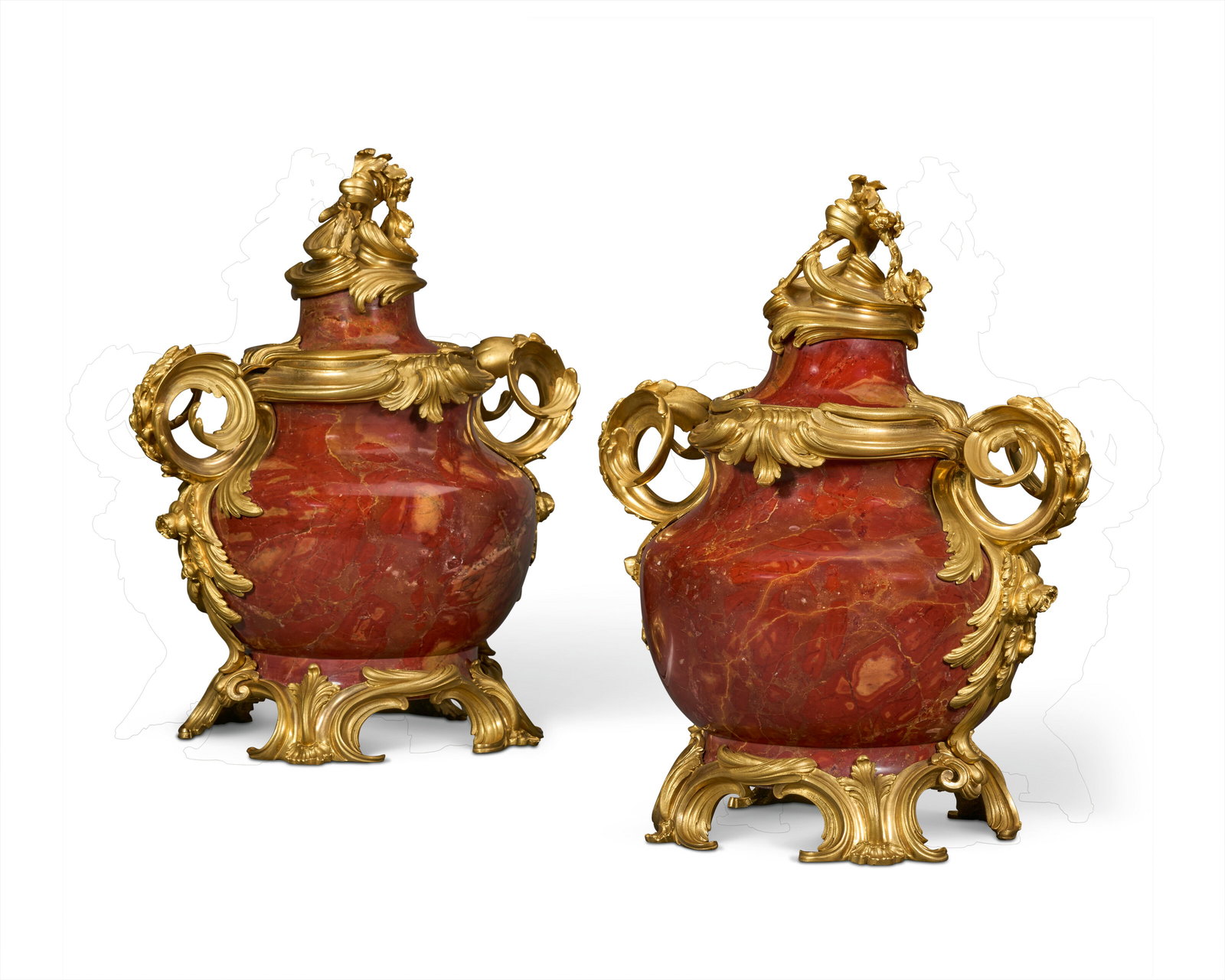 A PAIR OF FRENCH ORMOLU MOUNTED RED JASPER COVERED VASES LAST QUARTER 19TH CENTURY (1 of 3)