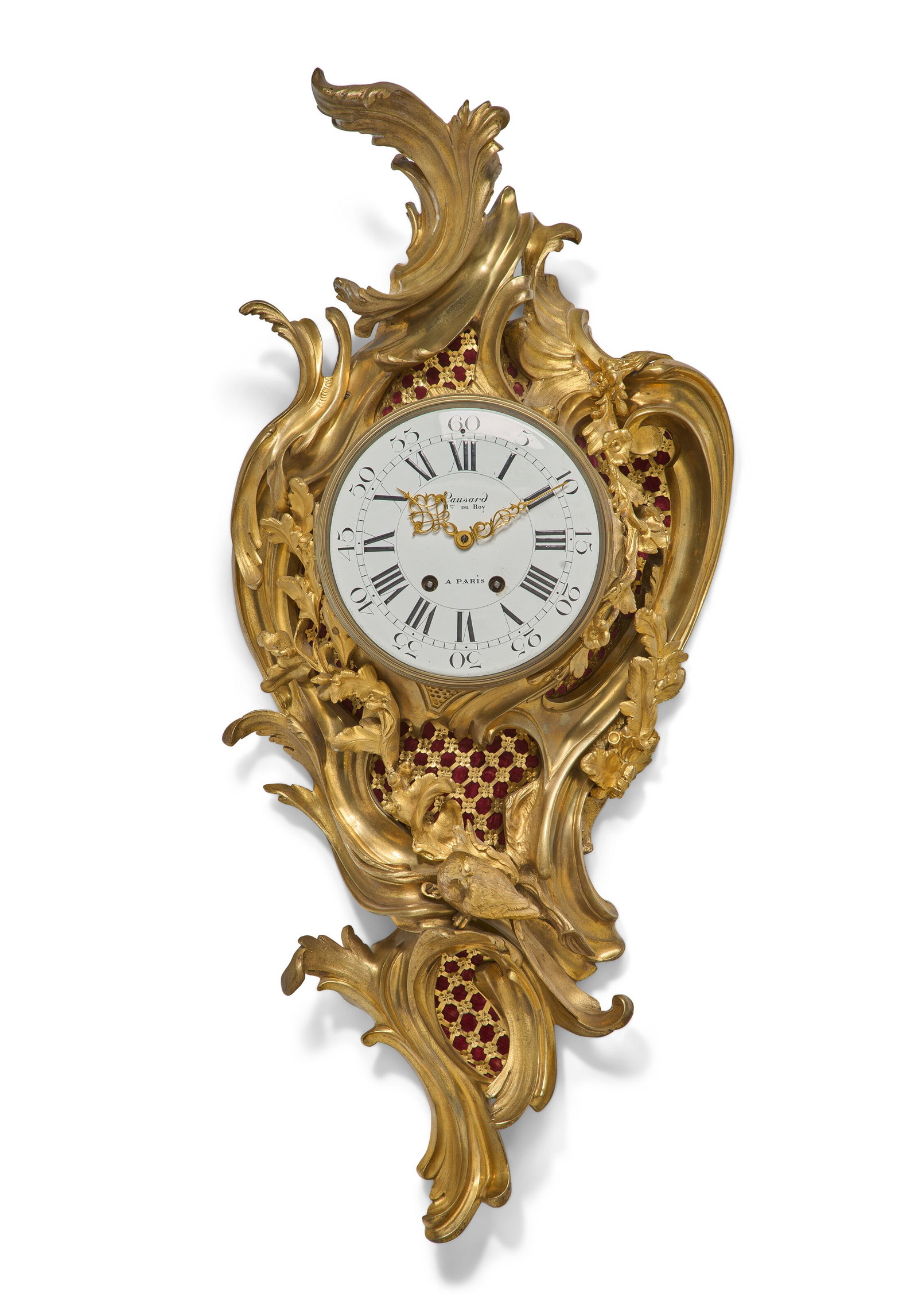 A FRENCH ORMOLU CARTEL D'APPLIQUE SECOND HALF 19TH CENTURY: A FRENCH ORMOLU CARTEL D'APPLIQUE SECOND HALF 19TH CENTURY Details In the Louis XV style, the dial with Roman and Arabic chapters, the case cast with scrolling foliage, flower garlands and oak leaves,