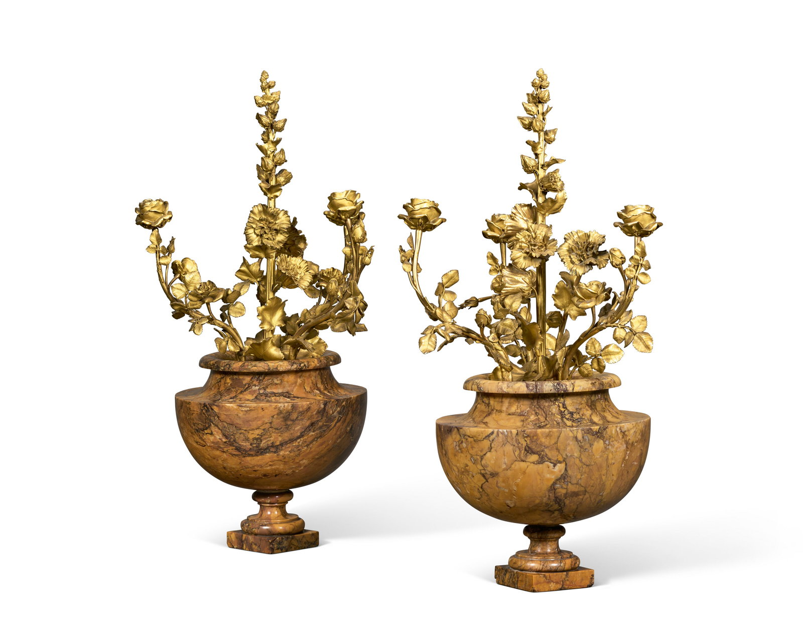A MATCHED PAIR OF ITALIAN GIALLO SIENA MARBLE VASES, NOW FITTED WITH ORMOLU THREE-LIGHT CANDELABRA (1 of 3)