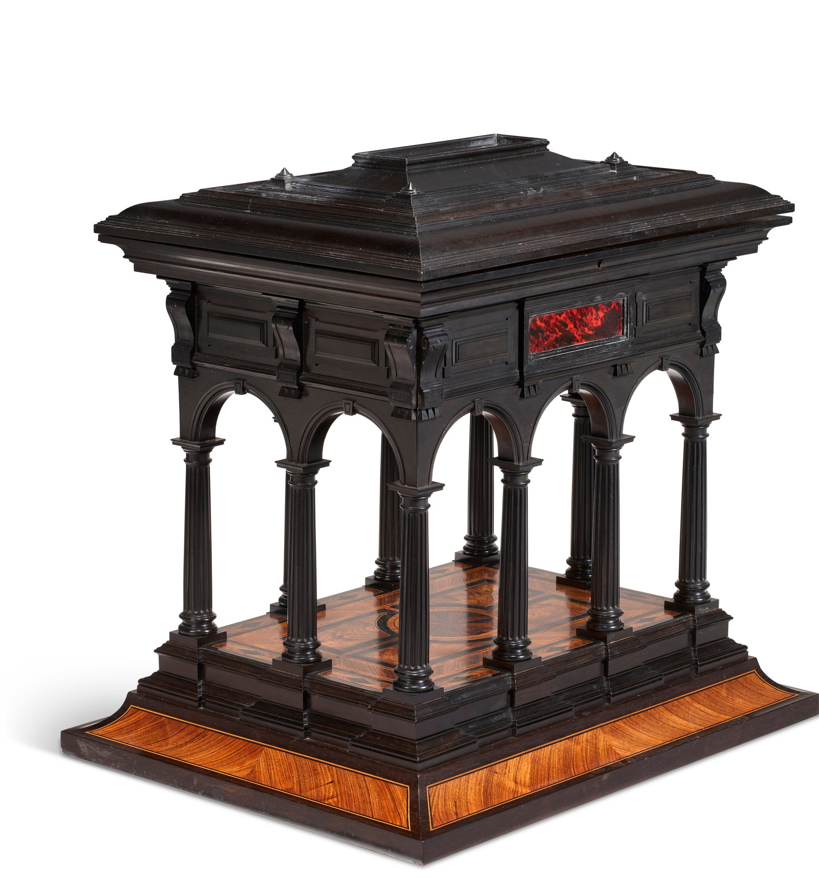 A FRENCH EBONY, TULIPWOOD, AND PARQUETRY TEMPIETTO-FORM JEWELRY CASE LAST QUARTER 19TH CENTURY (1 of 5)