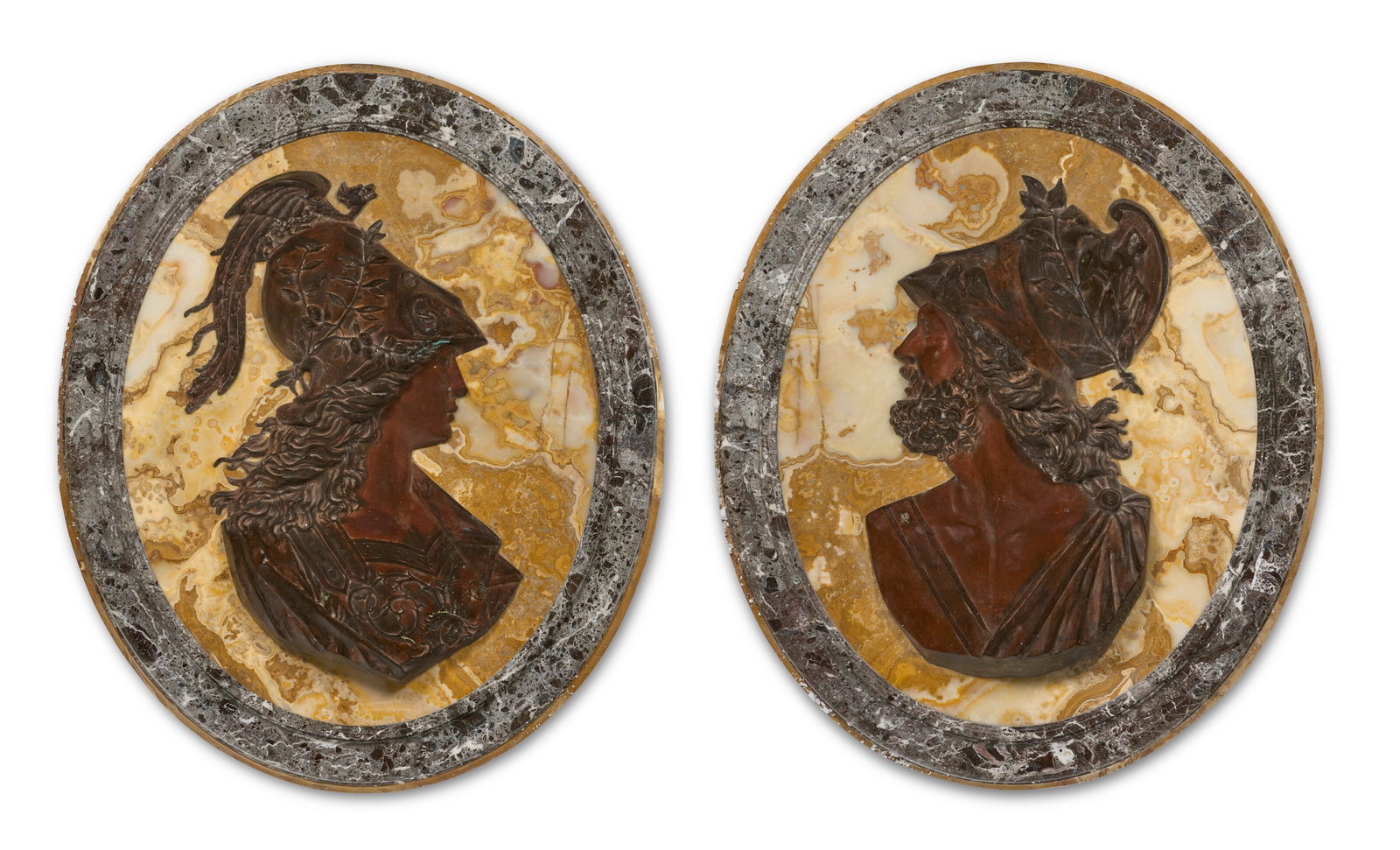 A MONUMENTAL PAIR OF PATINATED BRONZE ALABASTER FIORITO AND HARDSTONE PORTRAIT MEDALLIONS OF MINERVA (1 of 3)