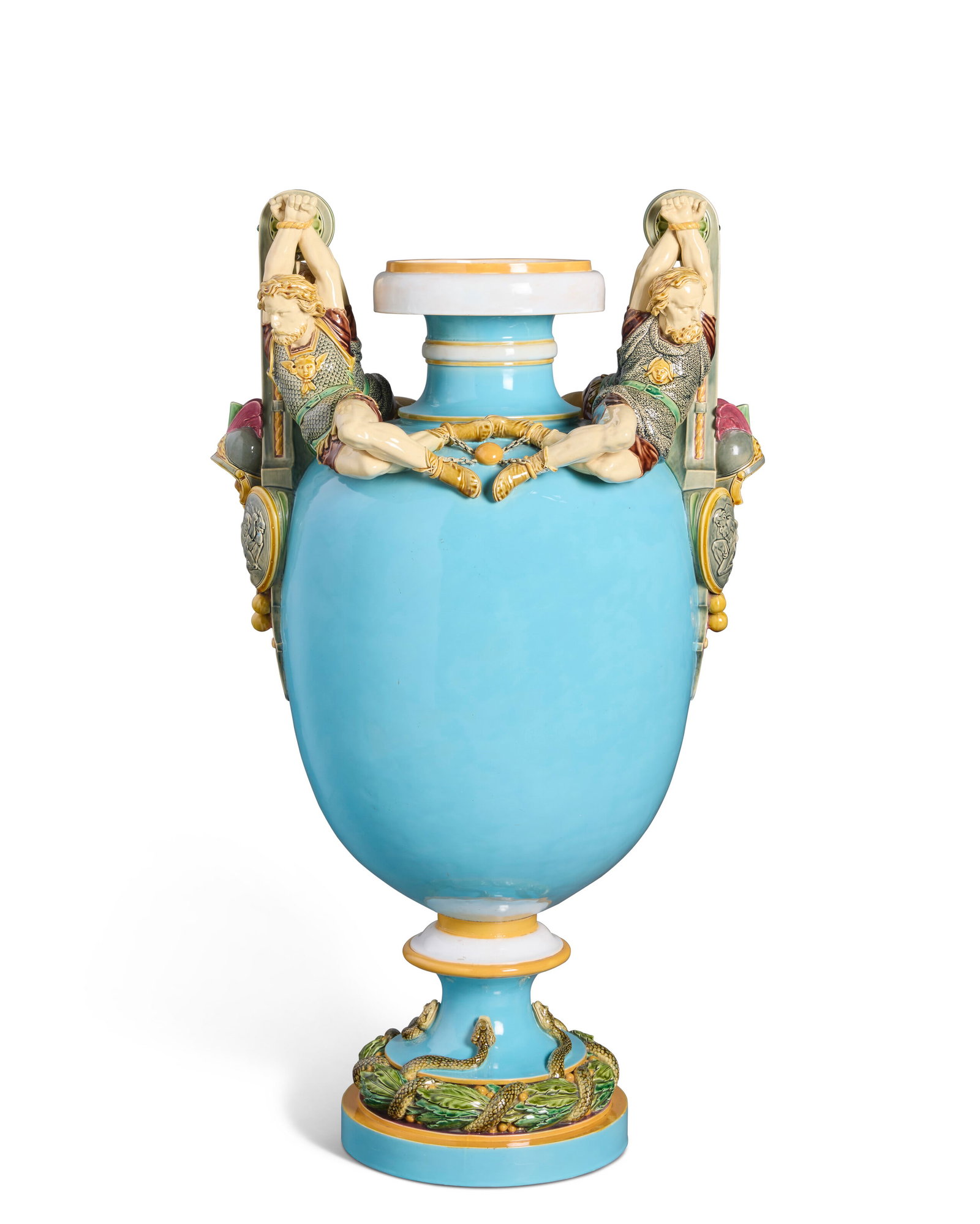 A LARGE MINTON MAJOLICA TURQUOISE-GROUND 'PROMETHEUS' VASE LATE 19TH CENTURY, THE MODEL BY VICTOR (1 of 3)