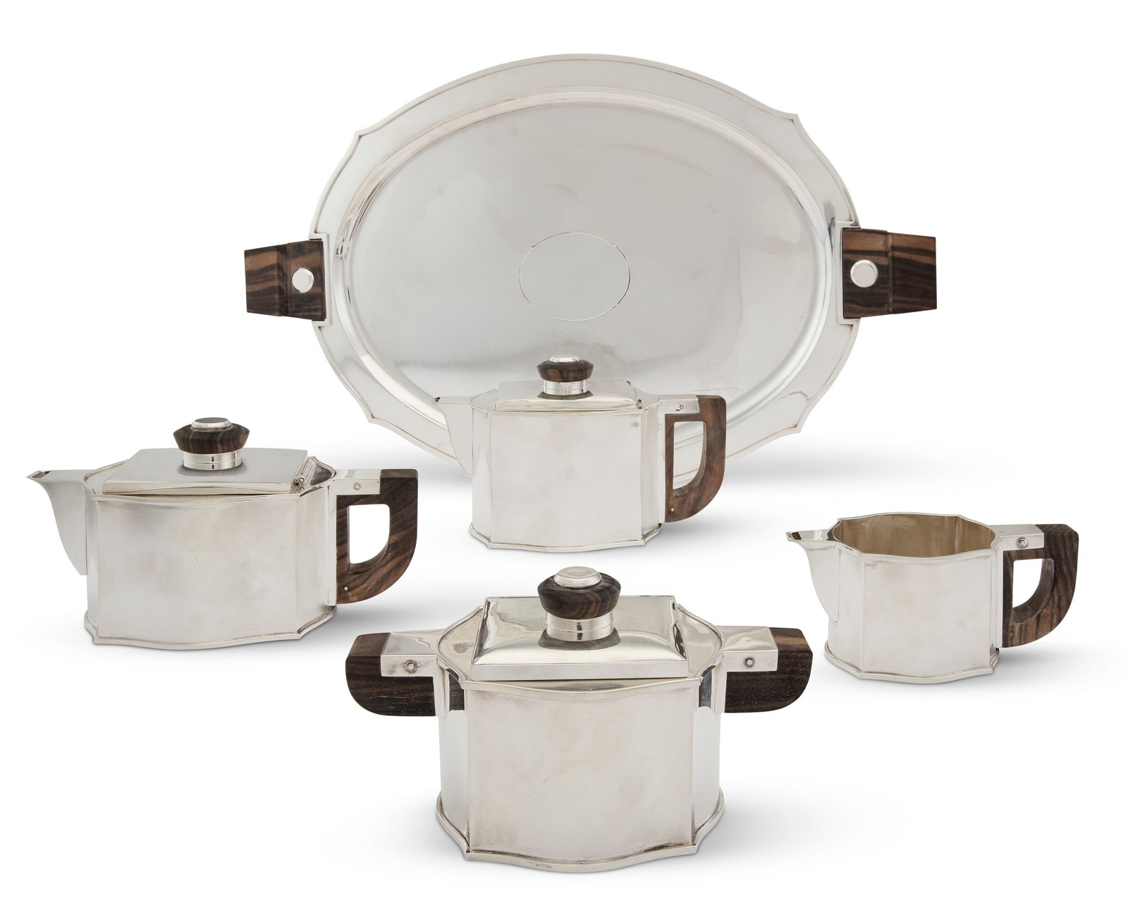 A BELGIAN SILVER FIVE-PIECE TEA AND COFFEE SERVICE MARK OF WOLFERS FRERES, BRUSSELS, CIRCA 1927, (1 of 1)