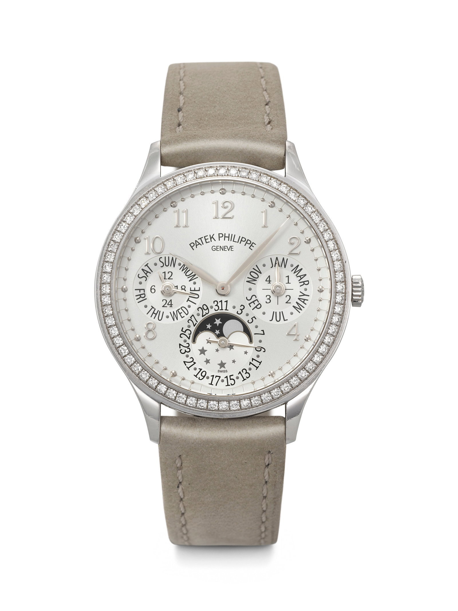 PATEK PHILIPPE. AN ATTRACTIVE 18K WHITE GOLD AND DIAMOND-SET AUTOMATIC PERPETUAL CALENDAR WRISTWATCH: PATEK PHILIPPE. AN ATTRACTIVE 18K WHITE GOLD AND DIAMOND-SET AUTOMATIC PERPETUAL CALENDAR WRISTWATCH WITH MOON PHASES, 24-HOUR AND LEAP YEAR INDICATION REF. 7140G-001, MOVEMENT NO. 7'312'385, CASE NO.