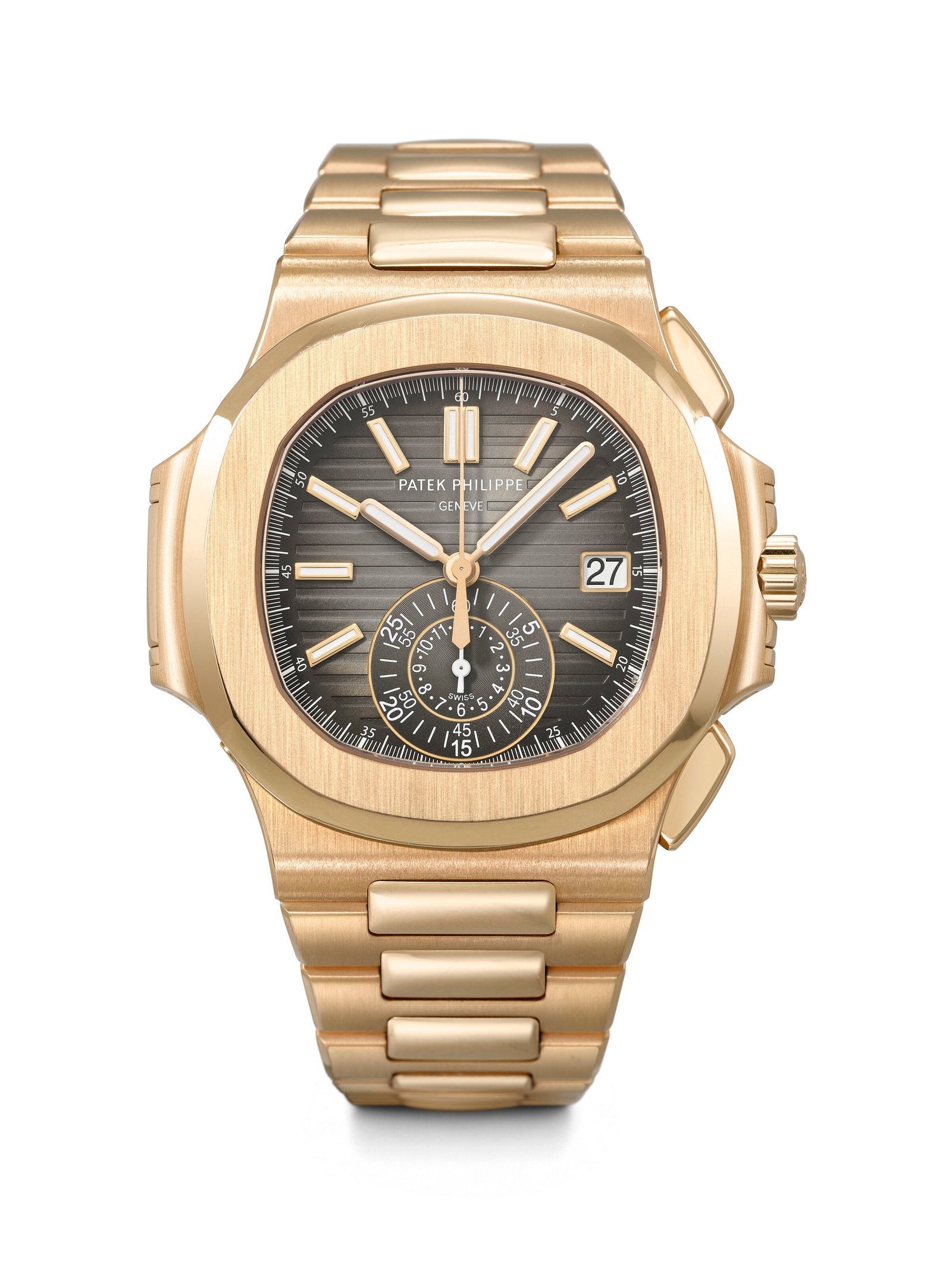 PATEK PHILIPPE. A LARGE AND ATTRACTIVE 18K PINK GOLD AUTOMATIC FLYBACK CHRONOGRAPH WRISTWATCH WITH: PATEK PHILIPPE. A LARGE AND ATTRACTIVE 18K PINK GOLD AUTOMATIC FLYBACK CHRONOGRAPH WRISTWATCH WITH DATE AND BRACELET NAUTILUS MODEL, REF. 5980/1R-001, MOVEMENT NO. 7'132'168, CASE NO. 6'245'458, CIRCA