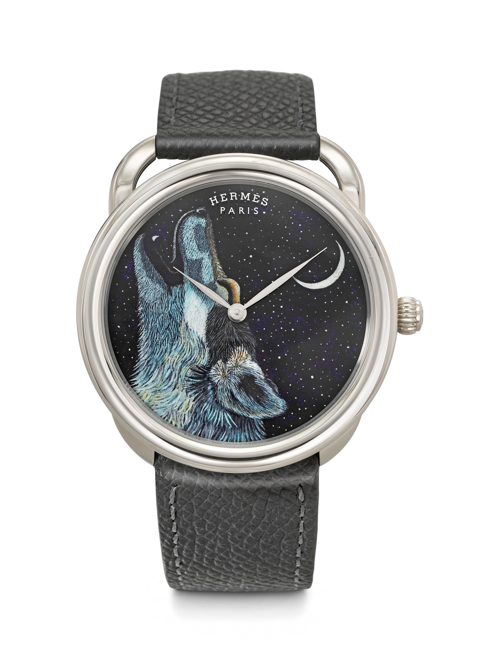 HERMÈS. A HIGHLY ATTRACTIVE 18K WHITE GOLD LIMITED EDITION AUTOMATIC WRISTWATCH WITH ENAMEL: HERMÈS. A HIGHLY ATTRACTIVE 18K WHITE GOLD LIMITED EDITION AUTOMATIC WRISTWATCH WITH ENAMEL DIAL ARCEAU AWOOOOO MODEL, REF. AR8.790, CASE NO. 3'336'309, NO. 3⁄8, CIRCA 2019 Details HERM