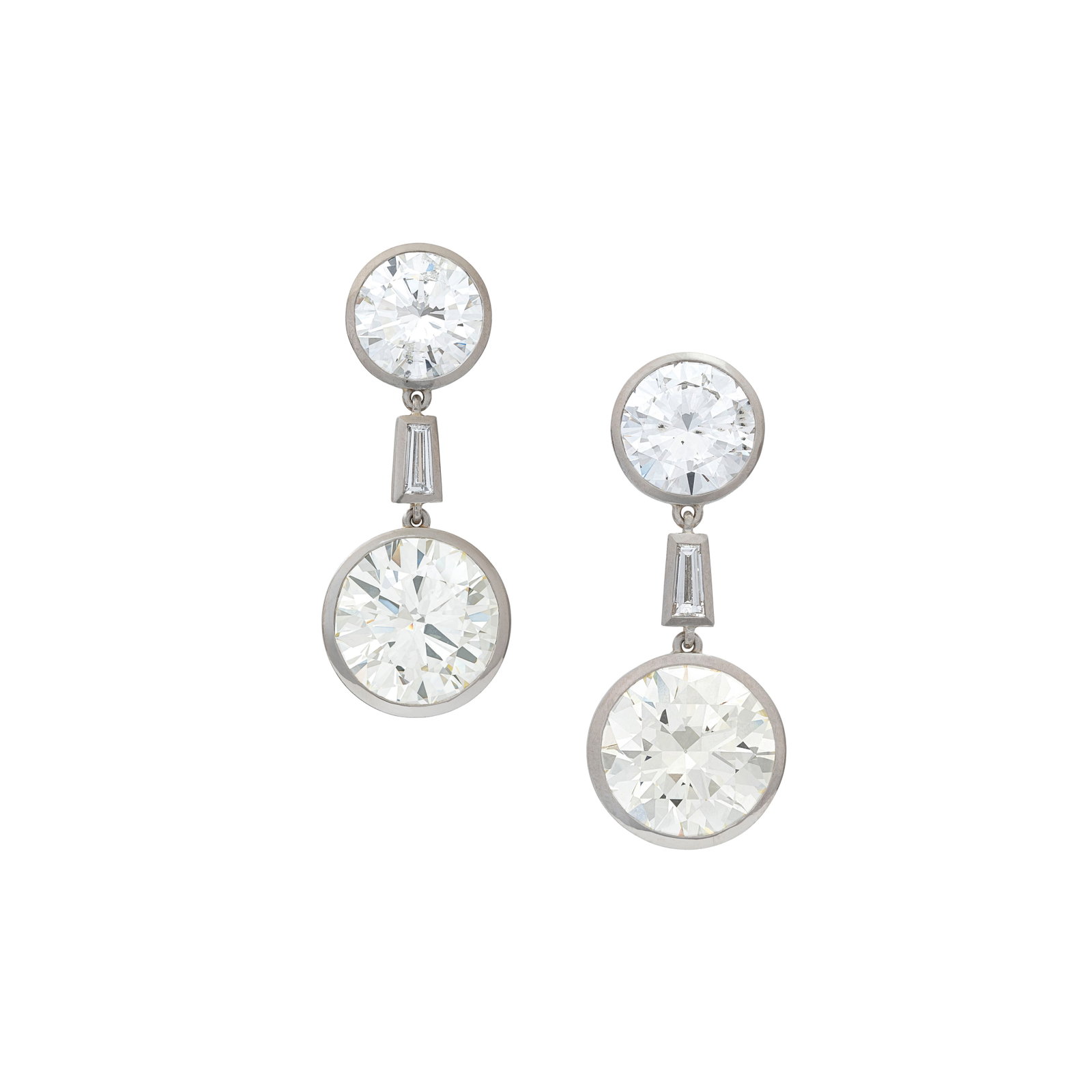 DIAMOND EARRINGS: Details DIAMOND EARRINGS Round brilliant-cut diamonds of 9.83, 9.76, 4.39 and 4.50 carats tapered baguette-cut diamonds, platinum and 18k white gold, maker's mark (Günther Krauss), Günther K